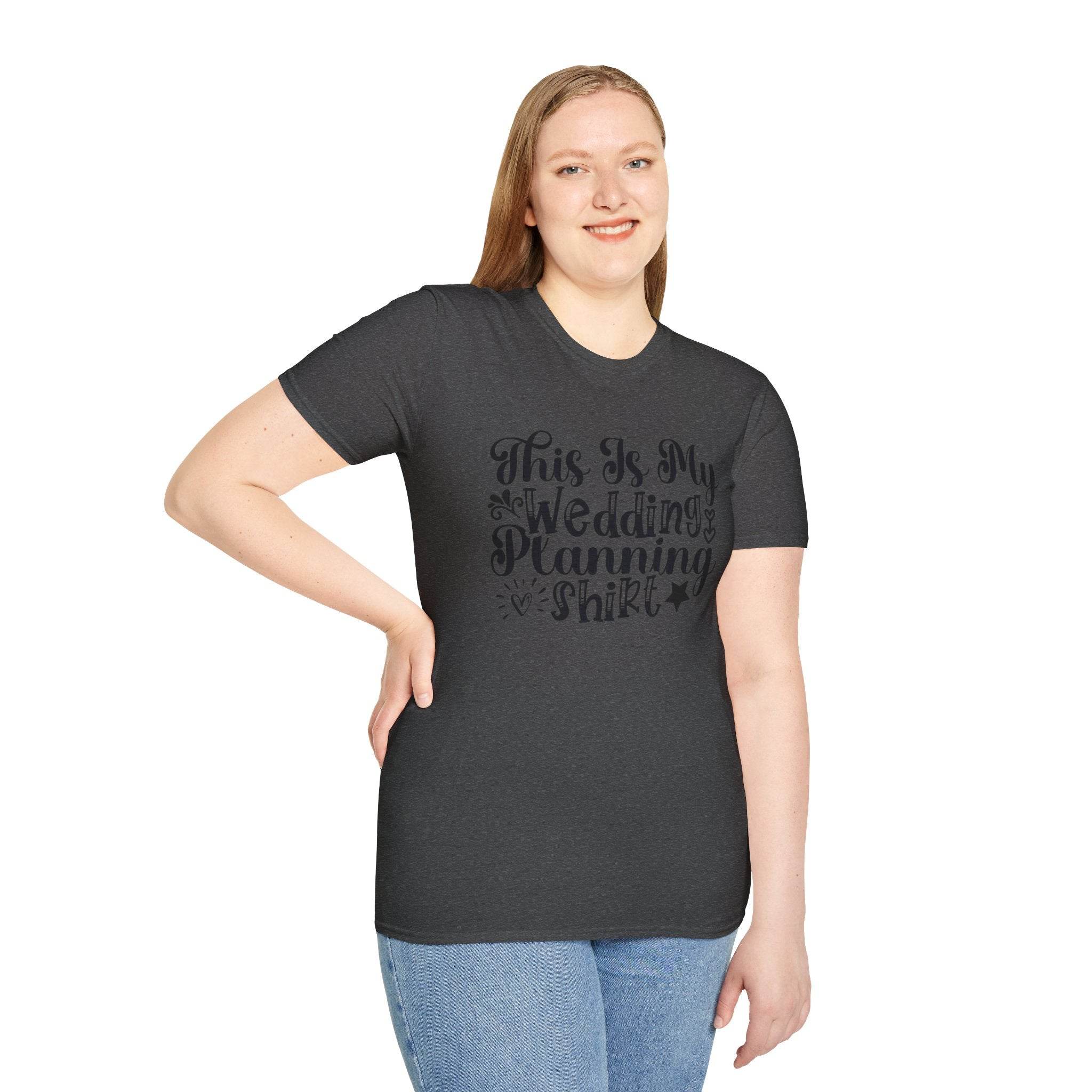 Printify dark gray tee on smiling woman showing This Is My Wedding Planning Shirt design eco-friendly wedding planning shirt