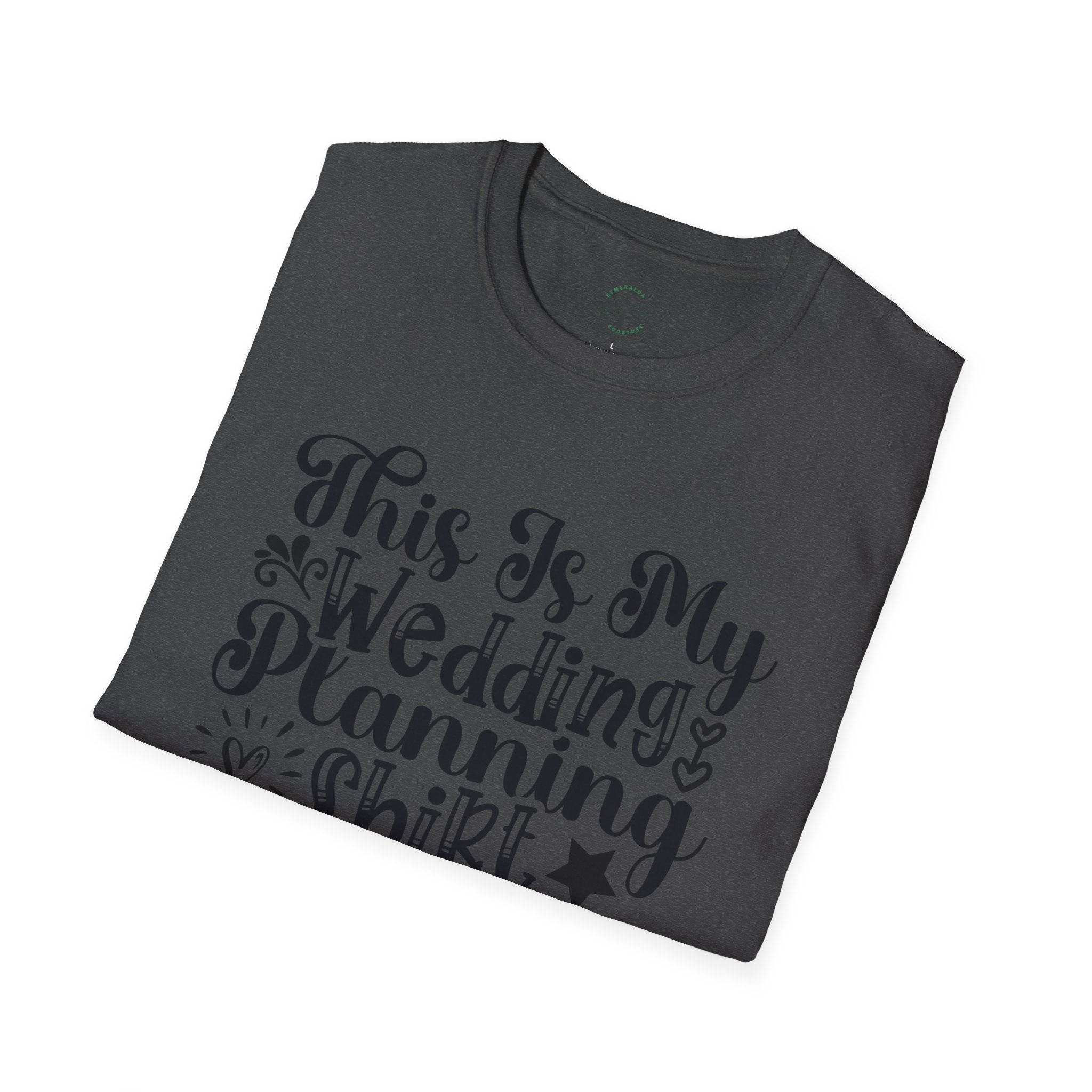 Printify folded charcoal T shirt featuring script This Is My Wedding Planning Shirt design eco-friendly wedding planning shirt