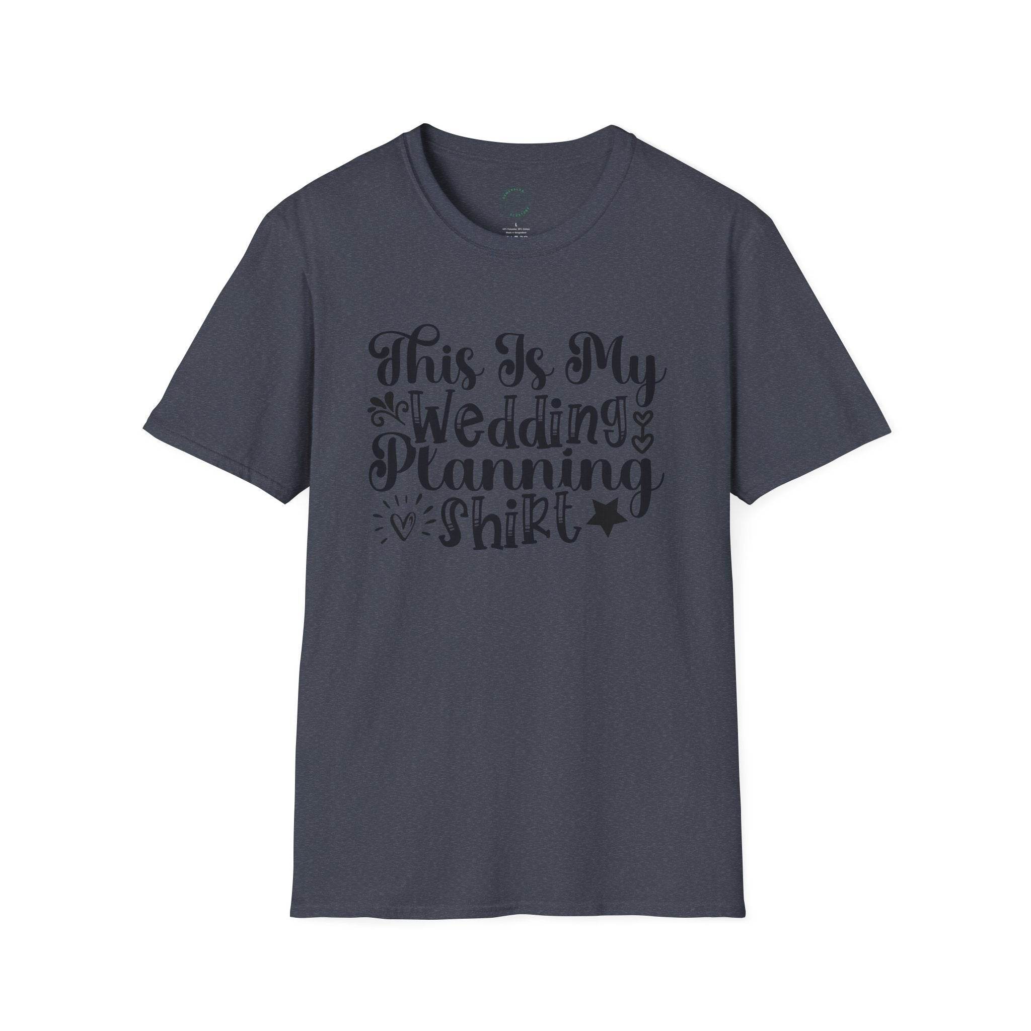 Printify eco-friendly wedding planning shirt dark charcoal crew neck tee with scripted front design