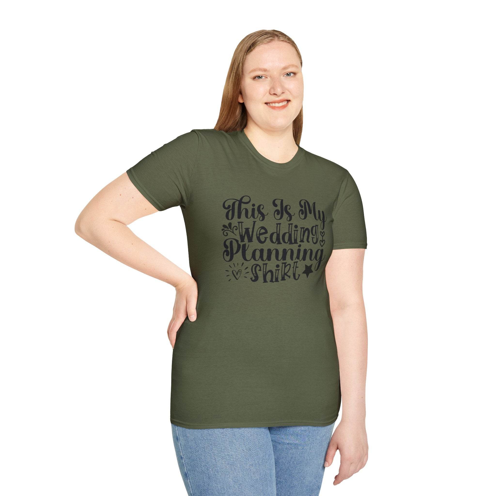 Smiling woman wearing olive green tee with printed This Is My Wedding Planning Shirt text eco-friendly wedding planning shirt