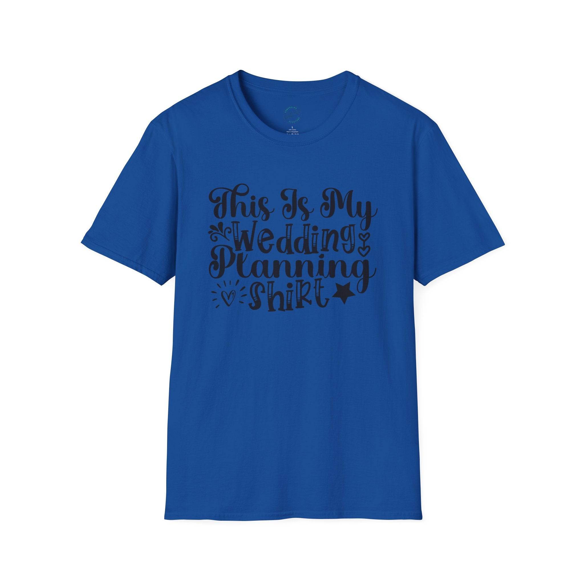 Printify blue t shirt with black script reading This Is My Wedding Planning Shirt eco-friendly wedding planning shirt