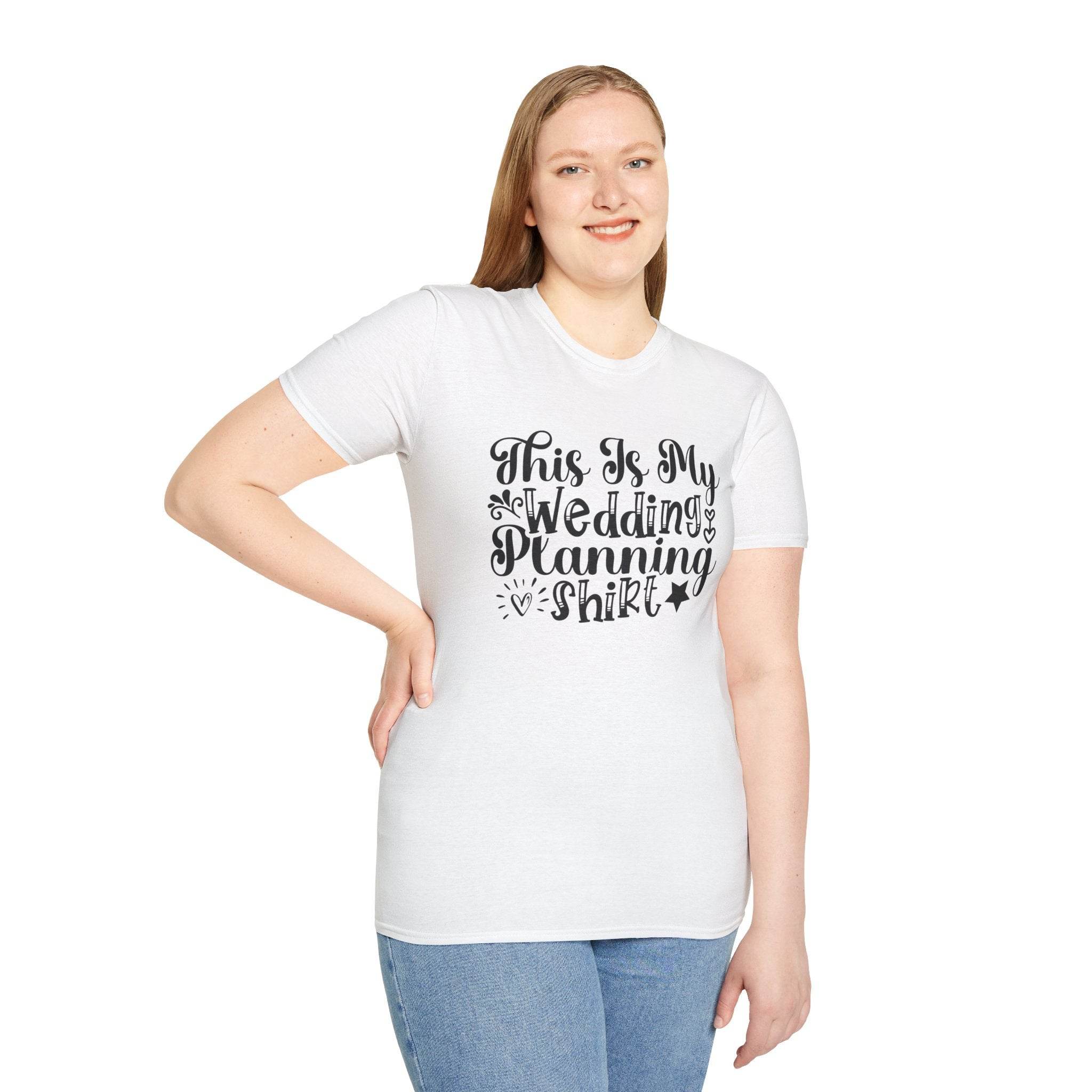 Smiling woman in white Printify tee with black script This Is My Wedding Planning Shirt eco-friendly wedding planning shirt