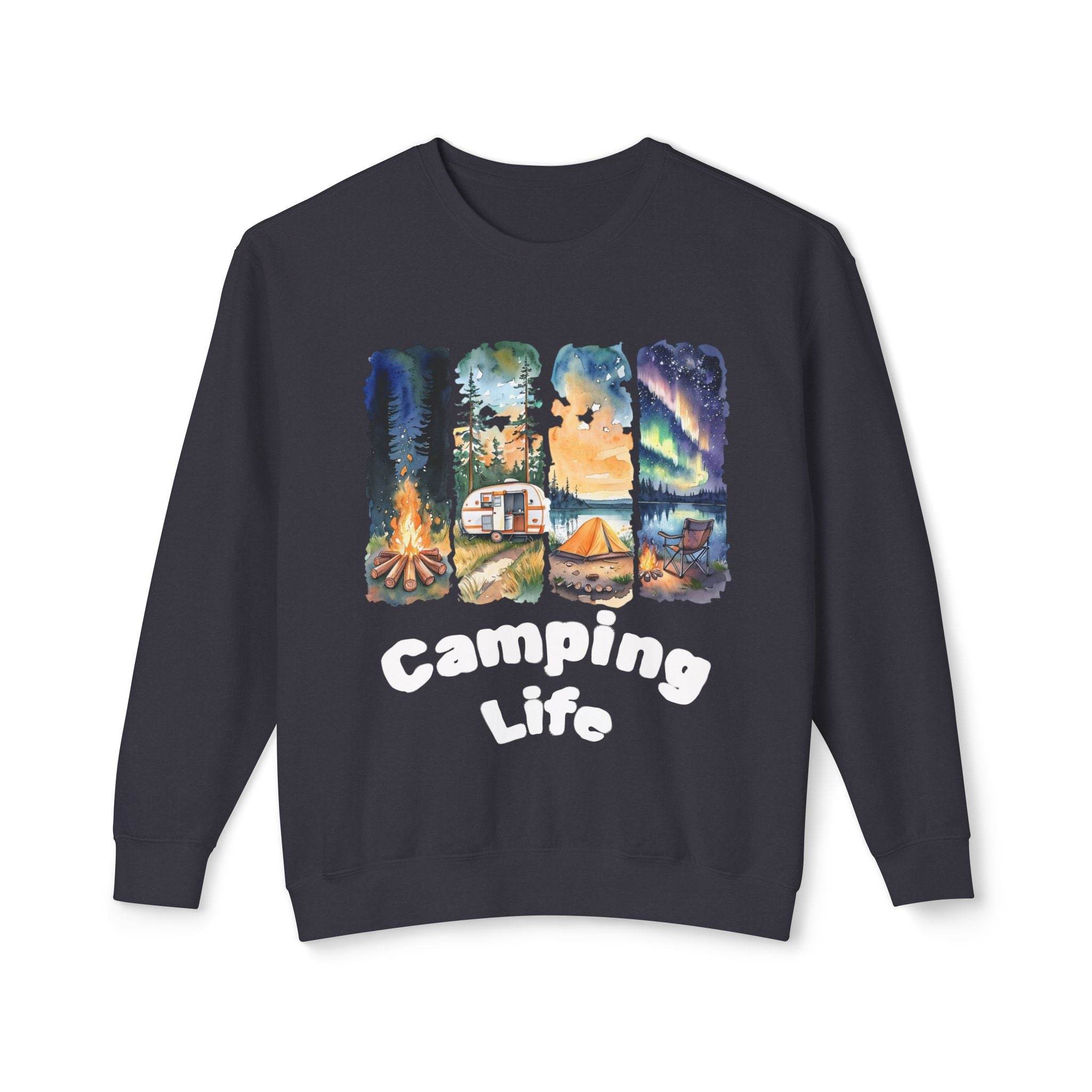 Printify eco-friendly camping sweatshirt dark crewneck with colorful camping life art showing tent camper and campfire