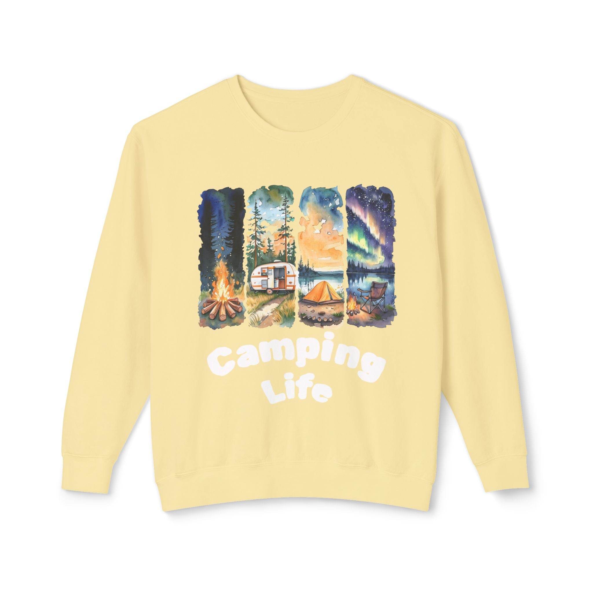Printify eco-friendly camping sweatshirt pale yellow featuring campfire camper tent forest scenes and Camping Life text