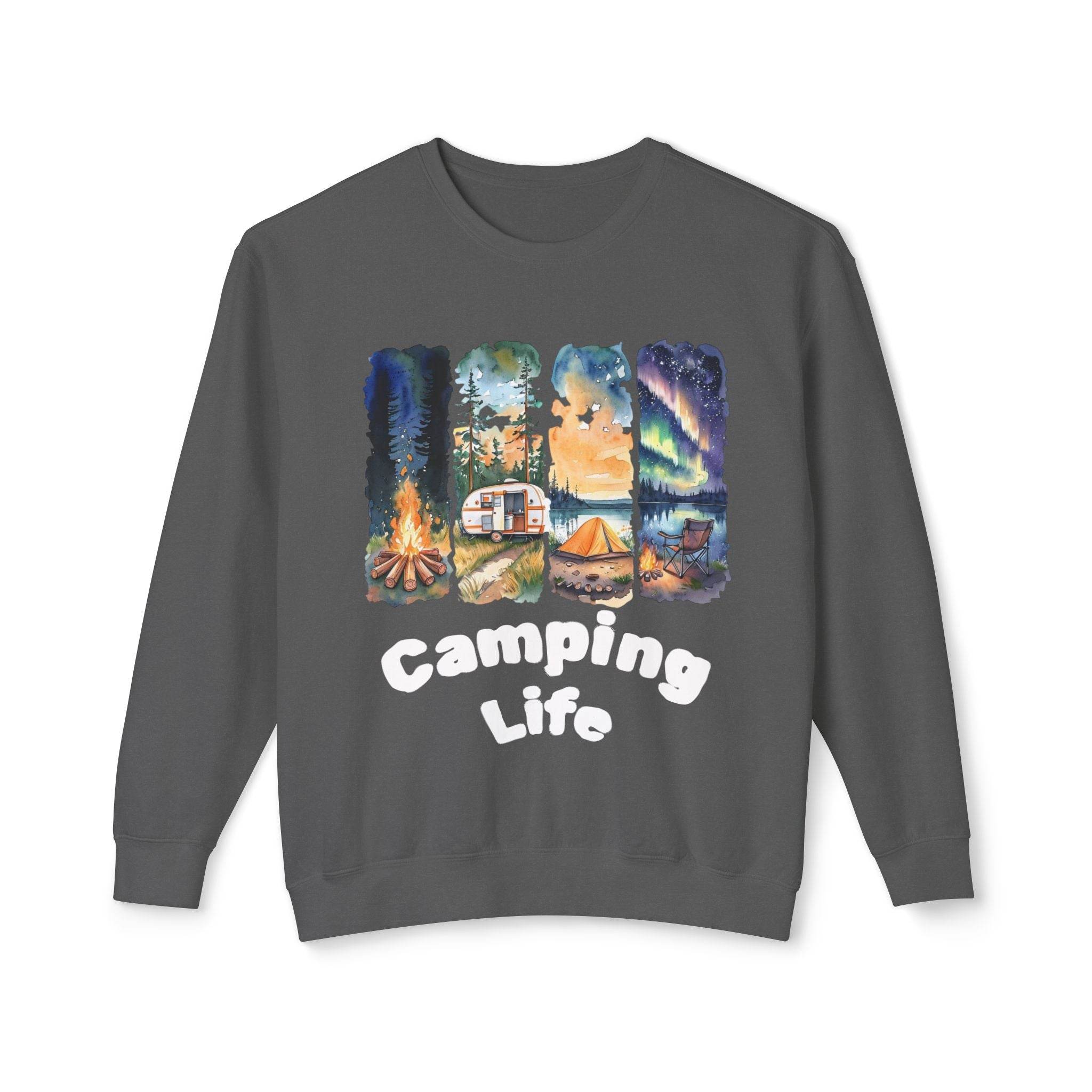 Printify gray sweatshirt featuring Camping Life panels with campfire trailer tent northern lights eco-friendly camping sweatshirt