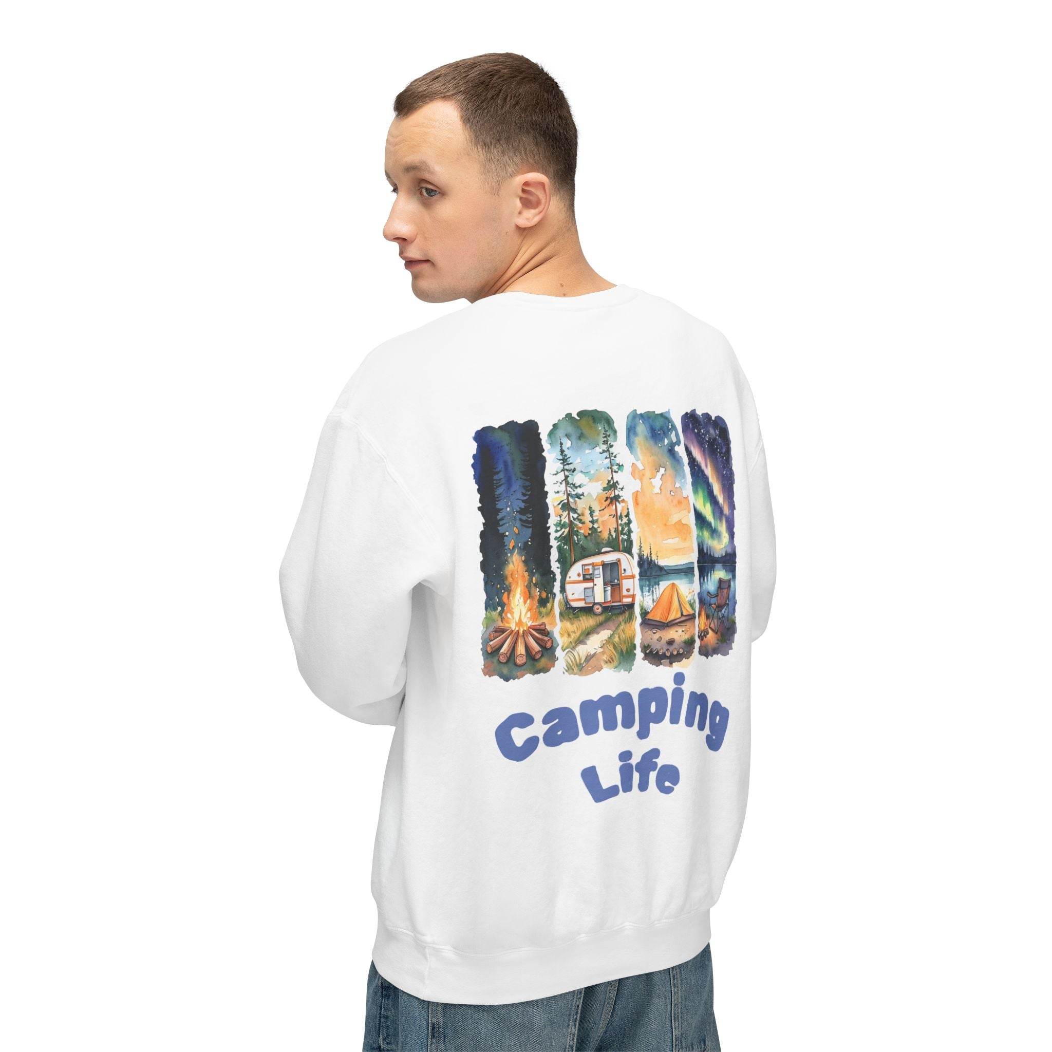 Male model wearing white eco-friendly camping sweatshirt with back camping graphic of campfire camper tent and Camping Life text