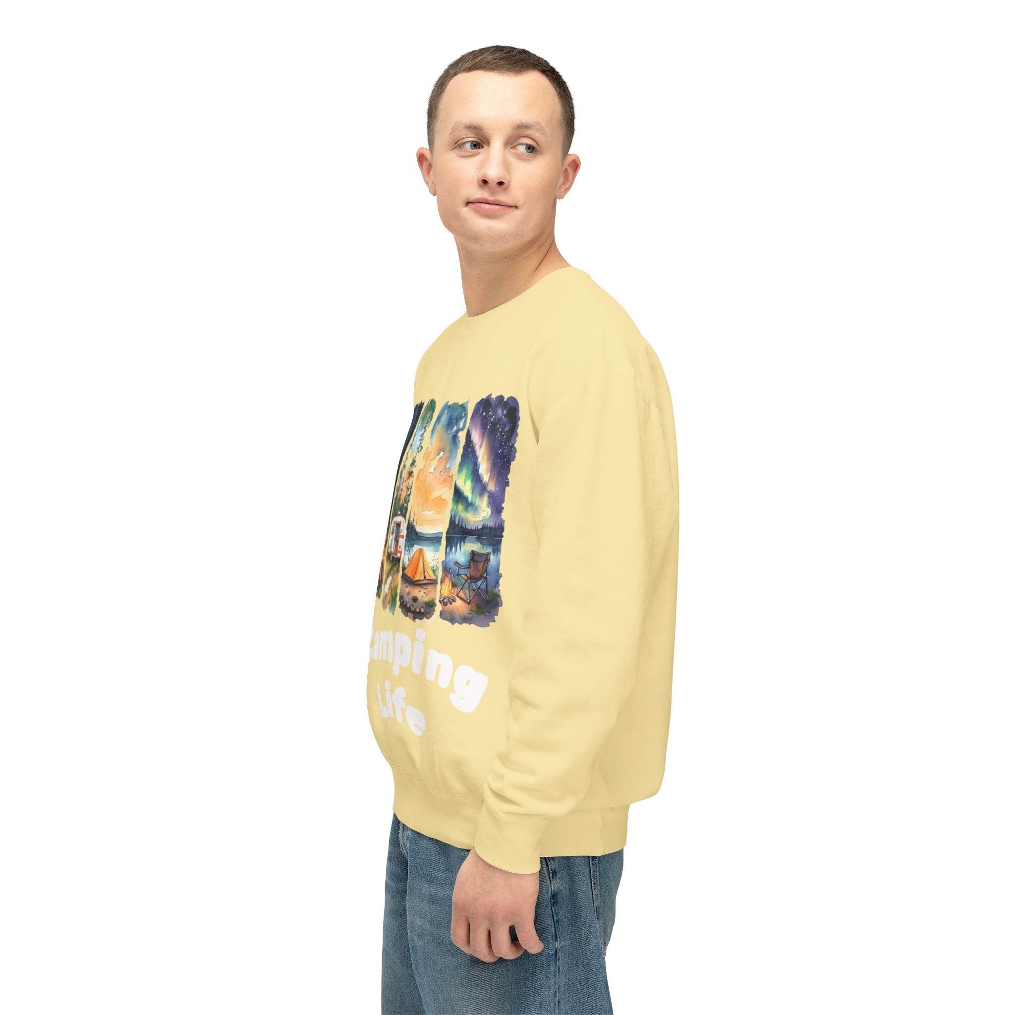 Printify model wearing eco-friendly camping sweatshirt pale yellow with campsite graphic and jeans