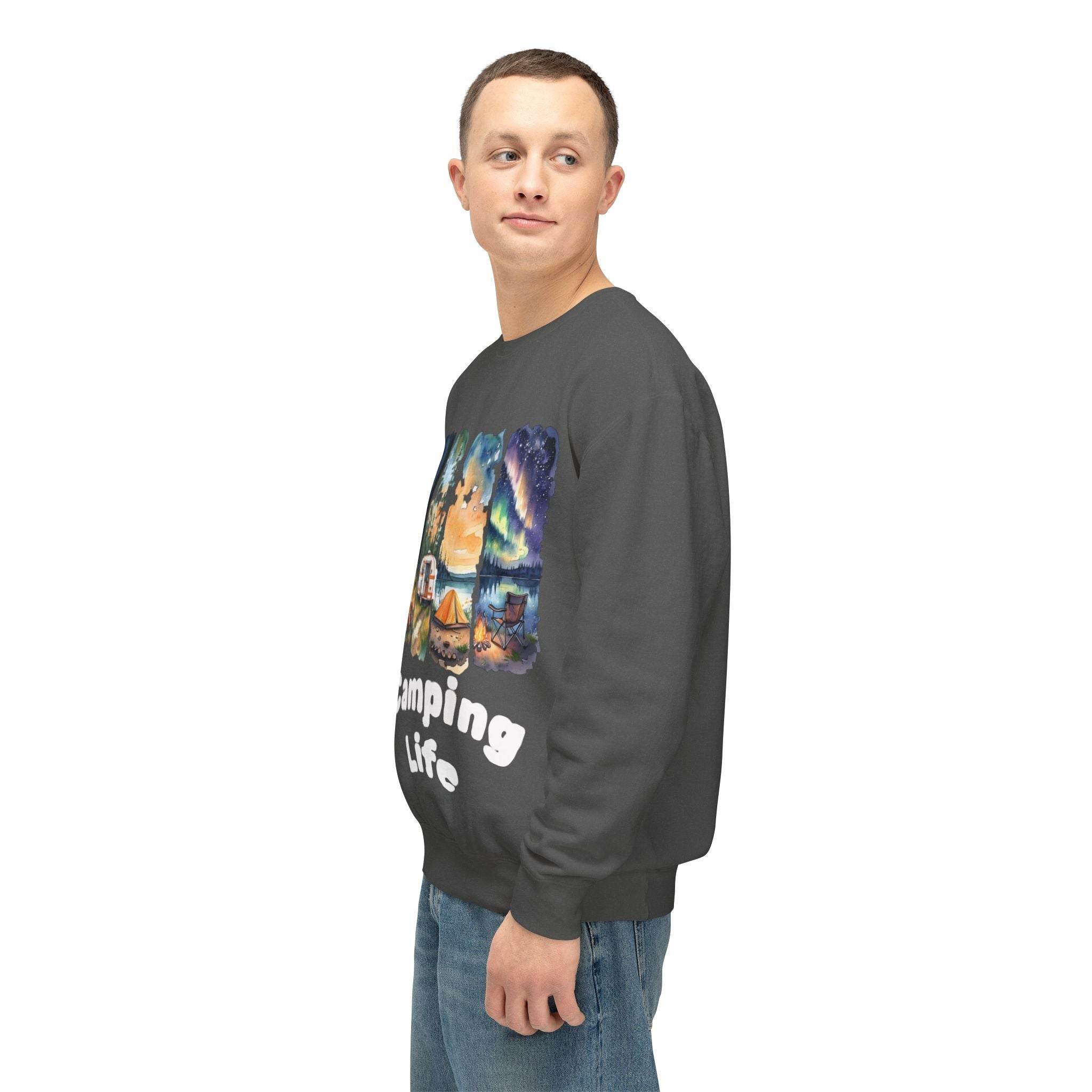 Printify eco-friendly camping sweatshirt on male model dark gray with colorful campsite graphic and relaxed fit