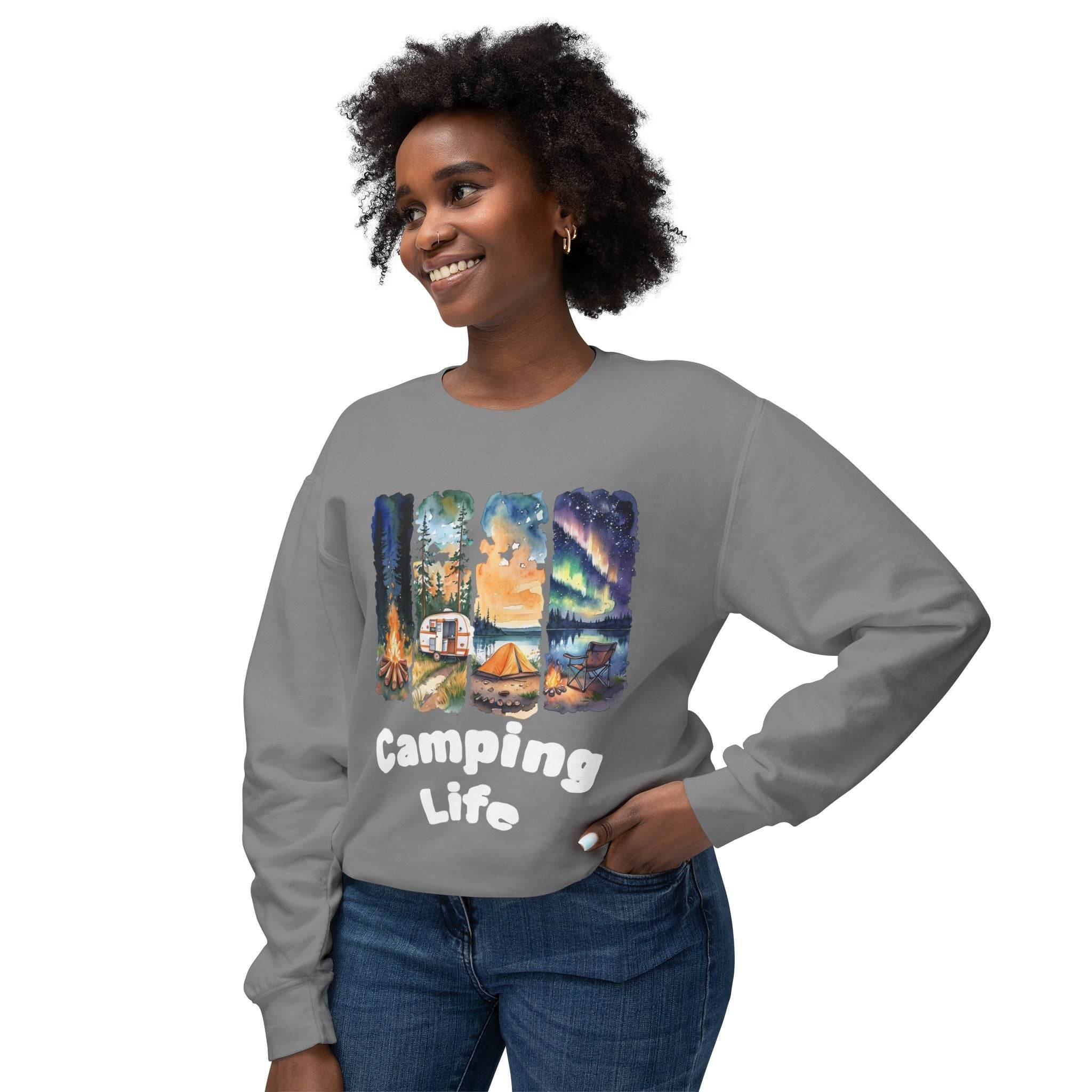 Printify gray crewneck with vibrant campsite illustration and Camping Life on smiling woman eco-friendly camping sweatshirt