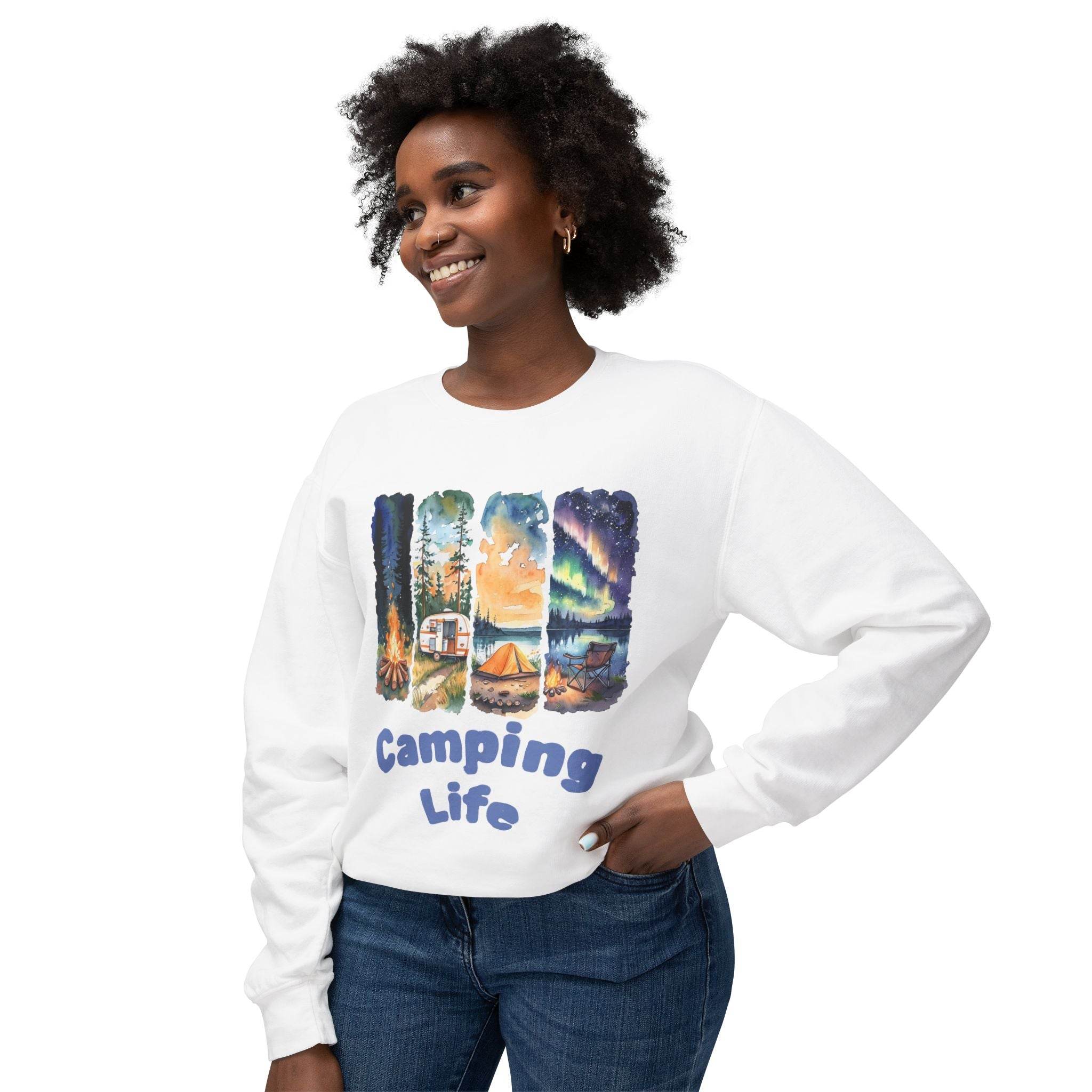 Printify eco-friendly camping sweatshirt white crewneck with colorful Camping Life nature graphic worn by smiling woman