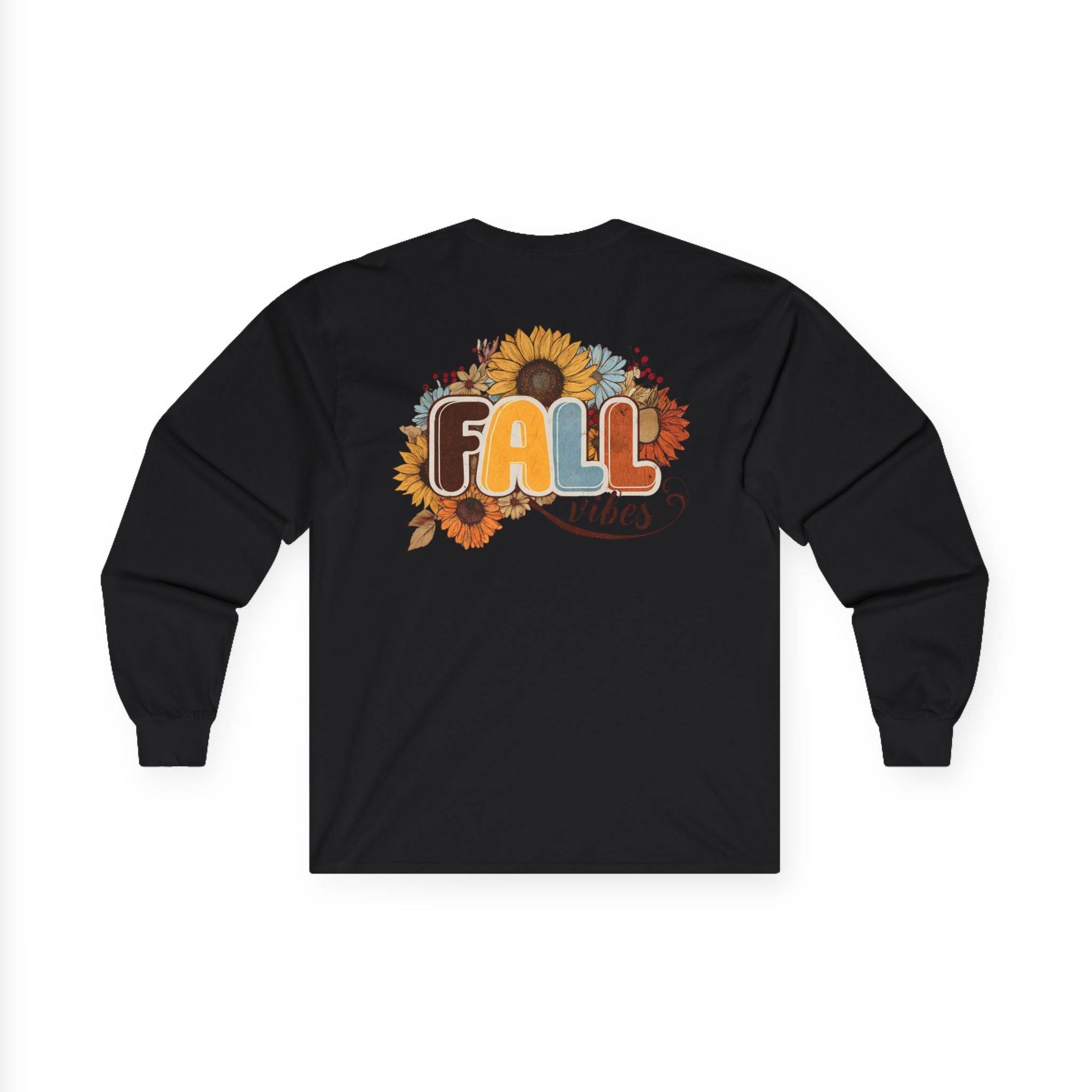 Printify black long-sleeve shirt with sunflower and autumn leaves FALL back graphic eco-friendly fall fashion tee