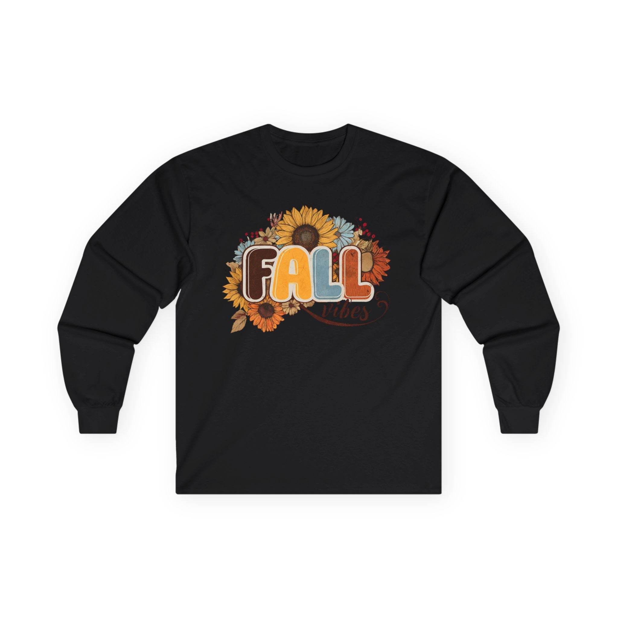 Printify black long-sleeve shirt with retro sunflower FALL graphic eco-friendly fall fashion tee