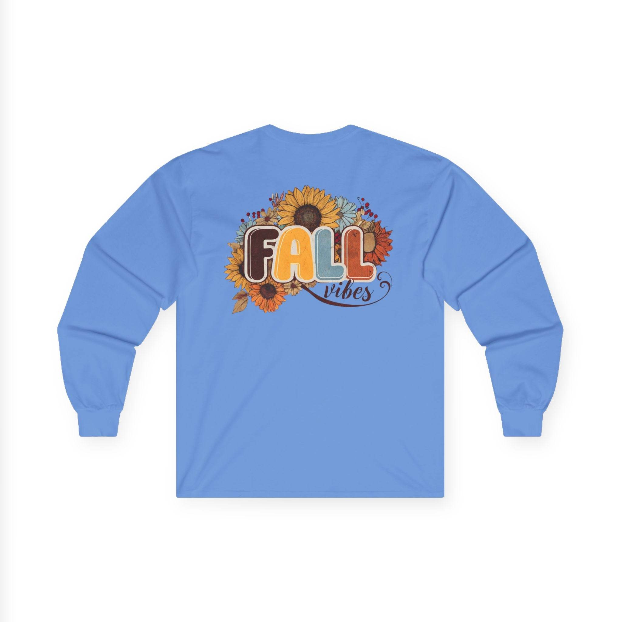 Printify eco-friendly fall fashion tee long sleeve light blue with sunflower FALL vibes back graphic