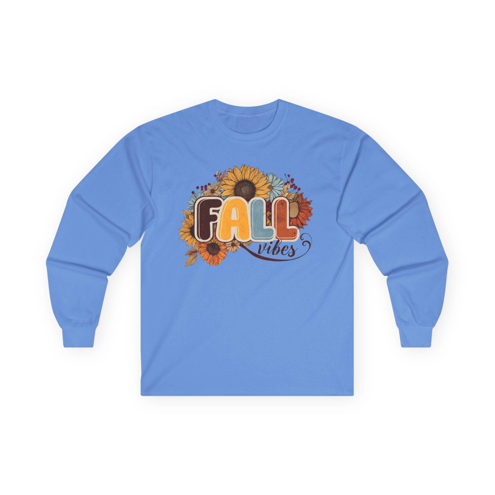 Printify blue long sleeve shirt with Fall vibes sunflower design and vintage lettering eco-friendly fall fashion tee