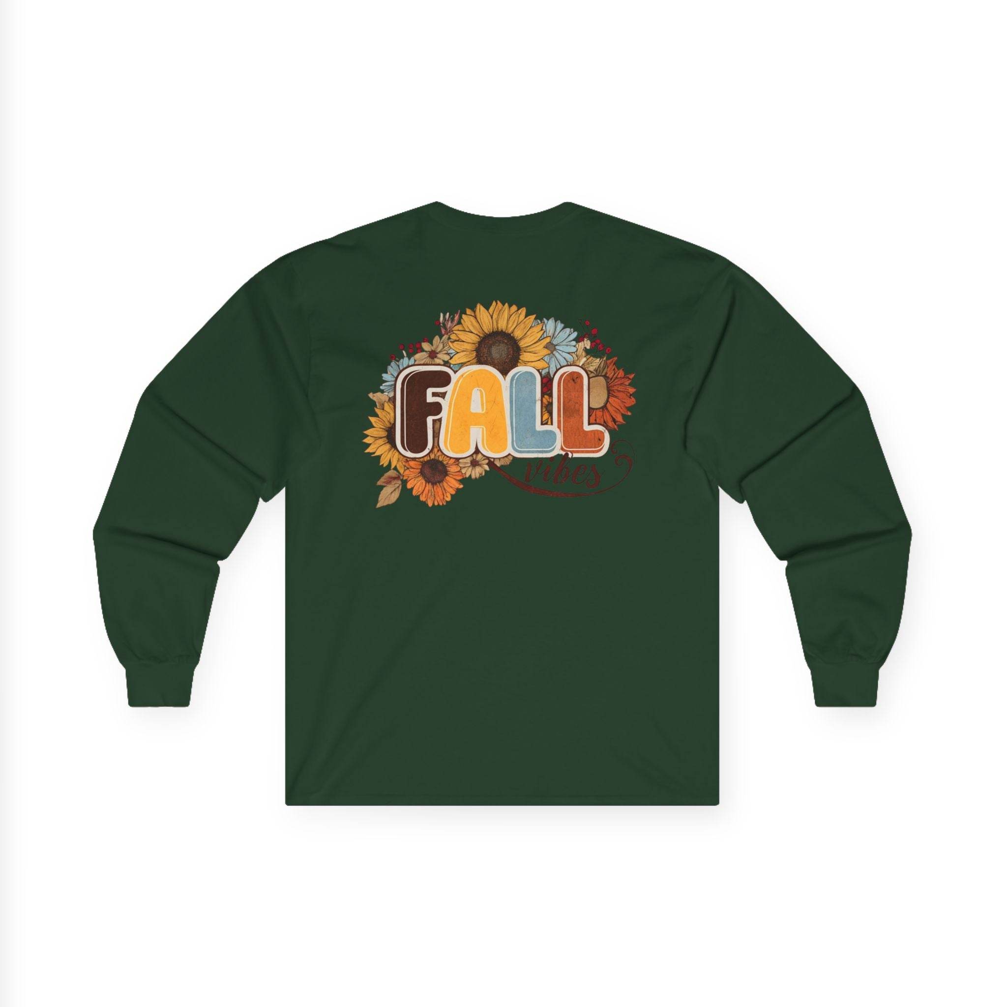 Printify dark green long sleeve shirt with retro FALL sunflower and leaves design eco-friendly fall fashion tee