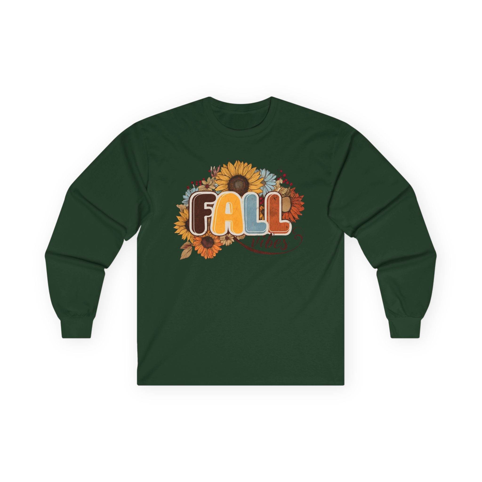Printify long sleeve forest green shirt with sunflower and pumpkin fall graphic eco-friendly fall fashion tee for cozy autumn wear
