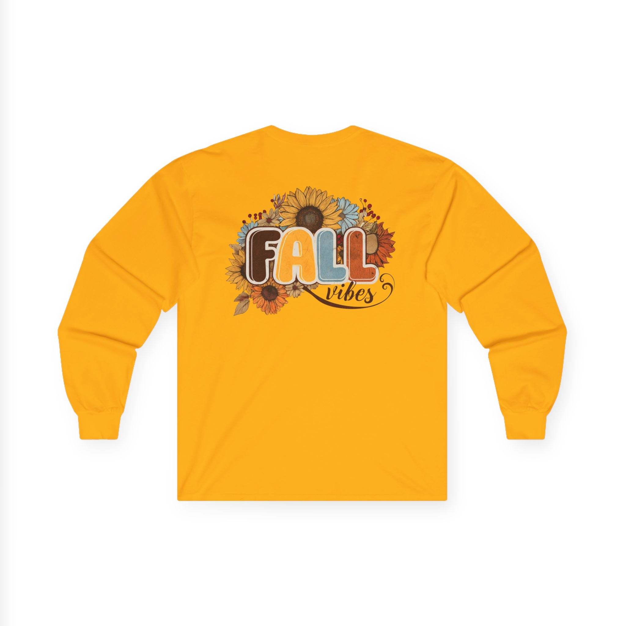 Printify long-sleeve yellow tee with retro sunflower FALL vibes back graphic on soft fabric eco-friendly fall fashion tee