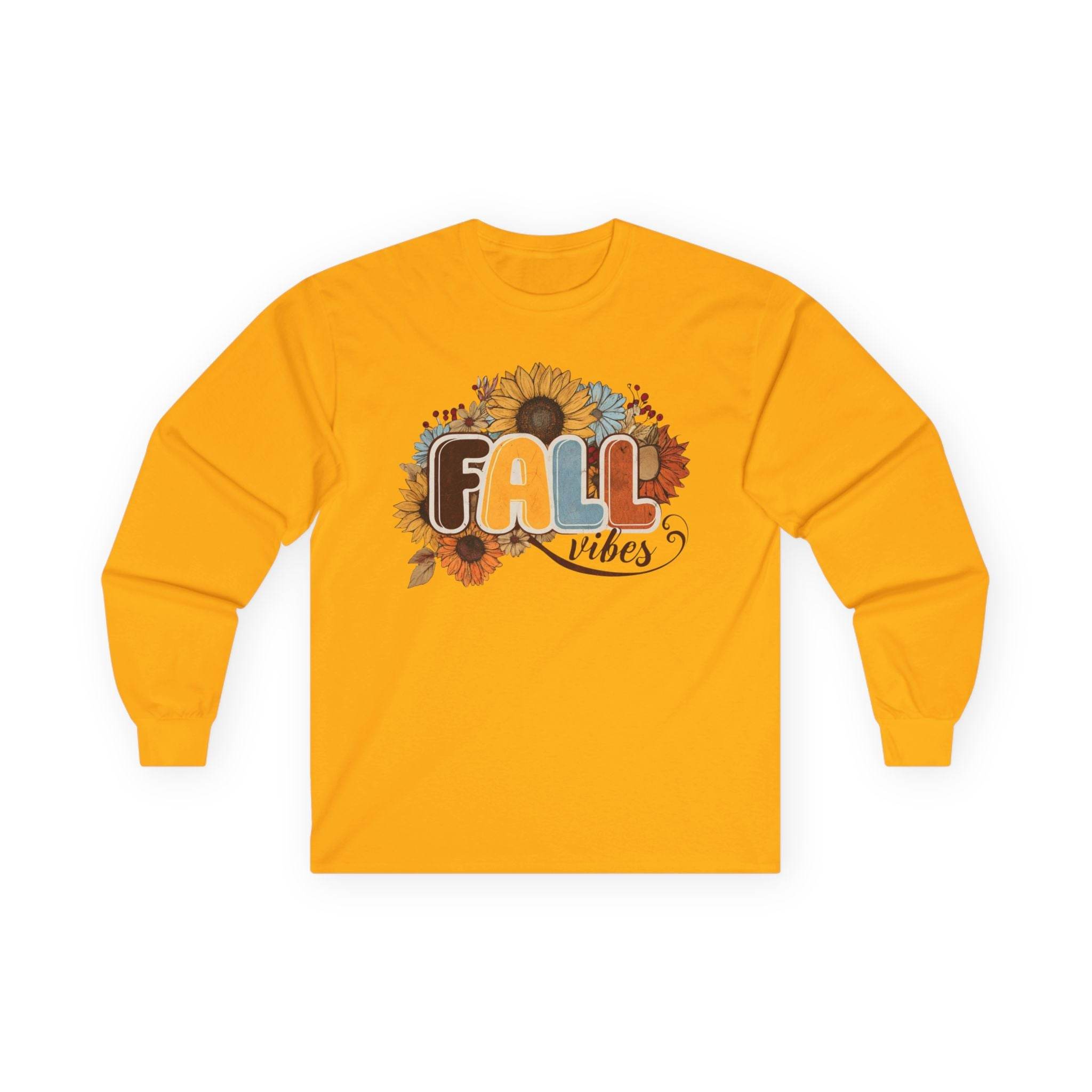 Printify long sleeve yellow shirt with sunflower and retro FALL vibes graphic eco-friendly fall fashion tee for autumn layering