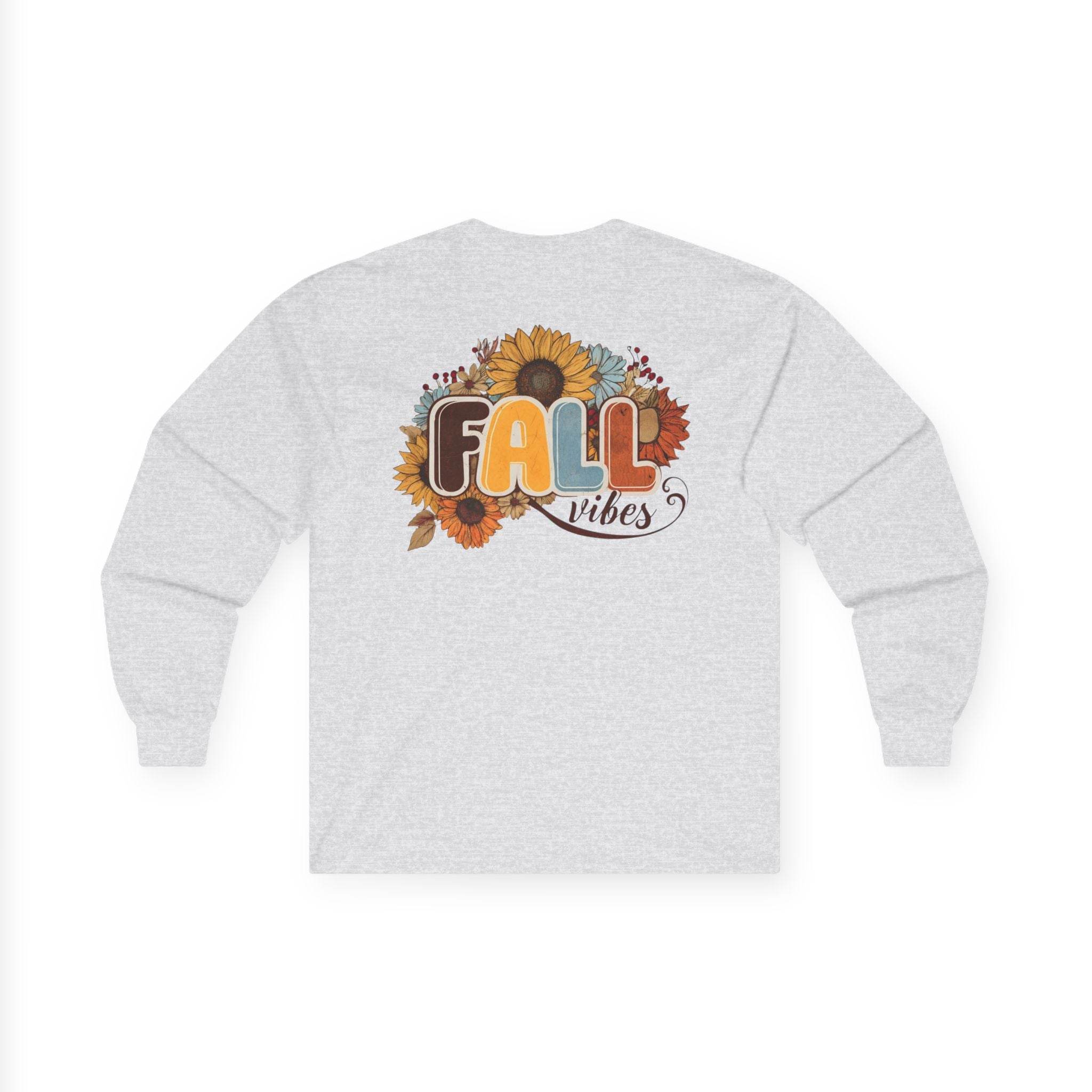 Printify long sleeve white tee with Fall Vibes sunflower and autumn foliage back print eco-friendly fall fashion tee