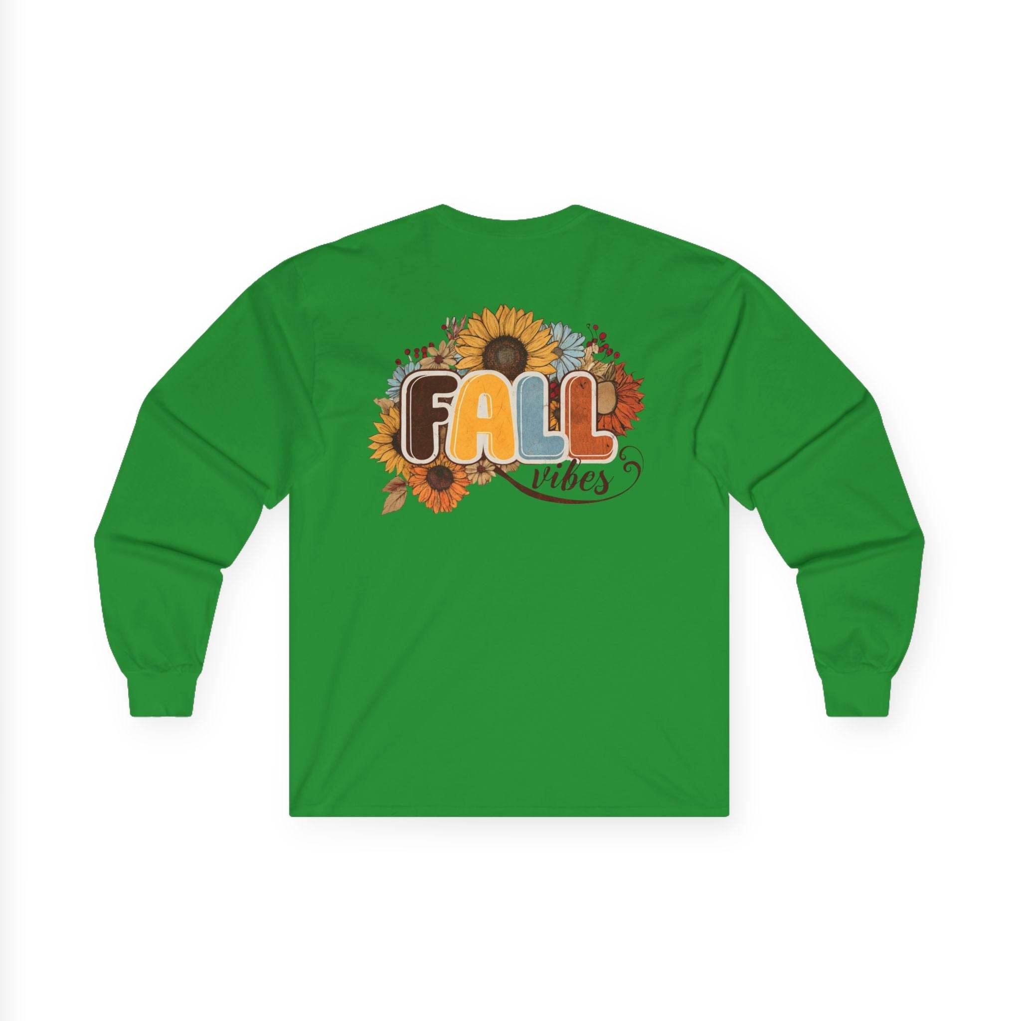 Printify green long sleeve tee with sunflower and Fall vibes graphic on back eco-friendly fall fashion tee