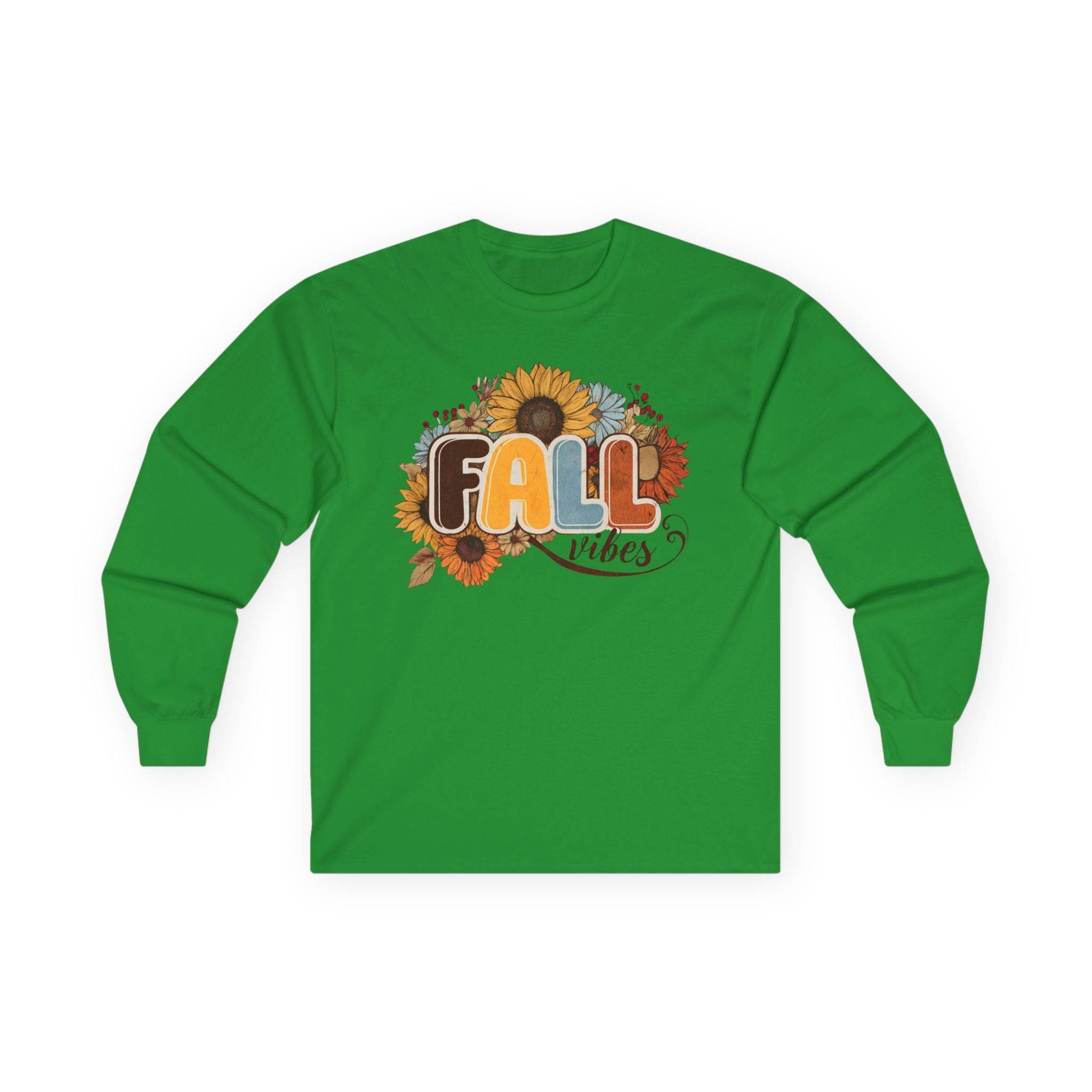Printify long sleeve green shirt with sunflower fall vibes graphic perfect eco-friendly fall fashion tee