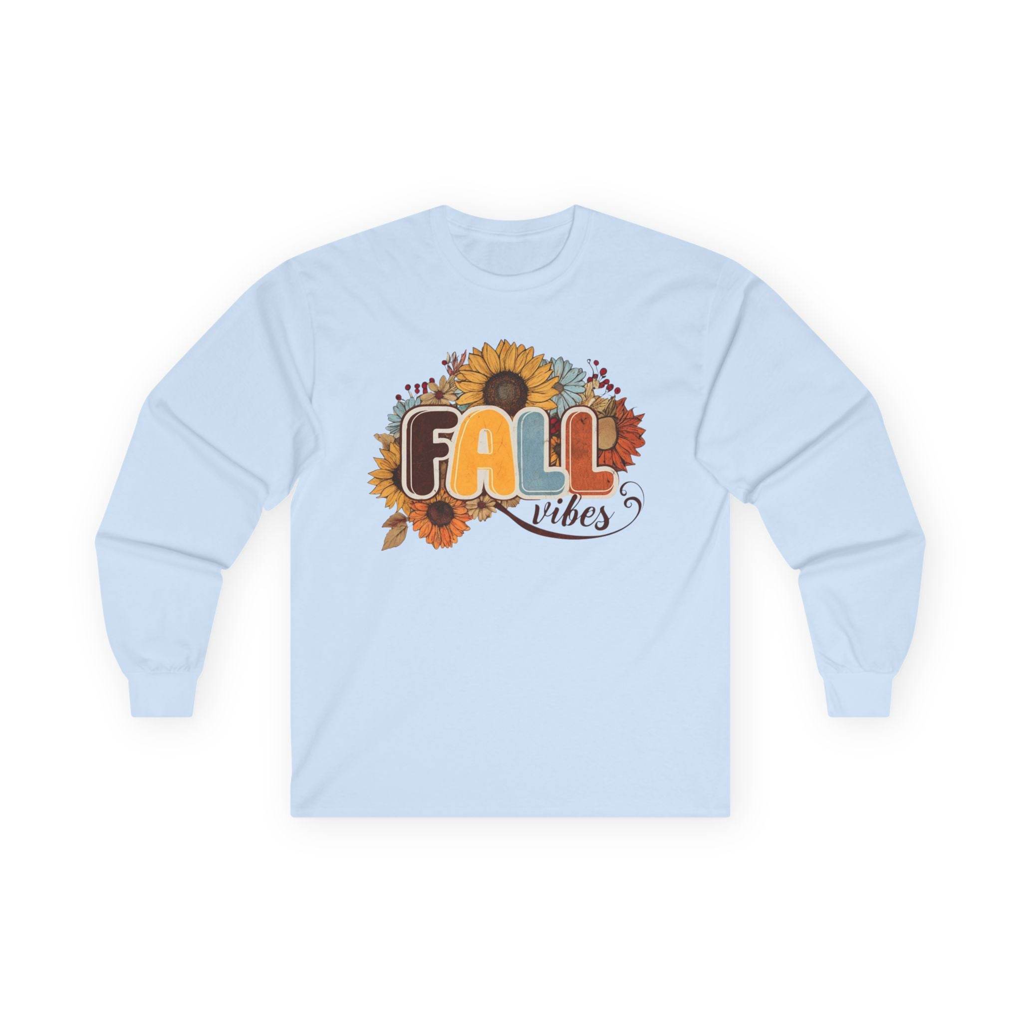 Light blue long sleeve Printify shirt with sunflower and autumn leaves FALL vibes graphic eco-friendly fall fashion tee