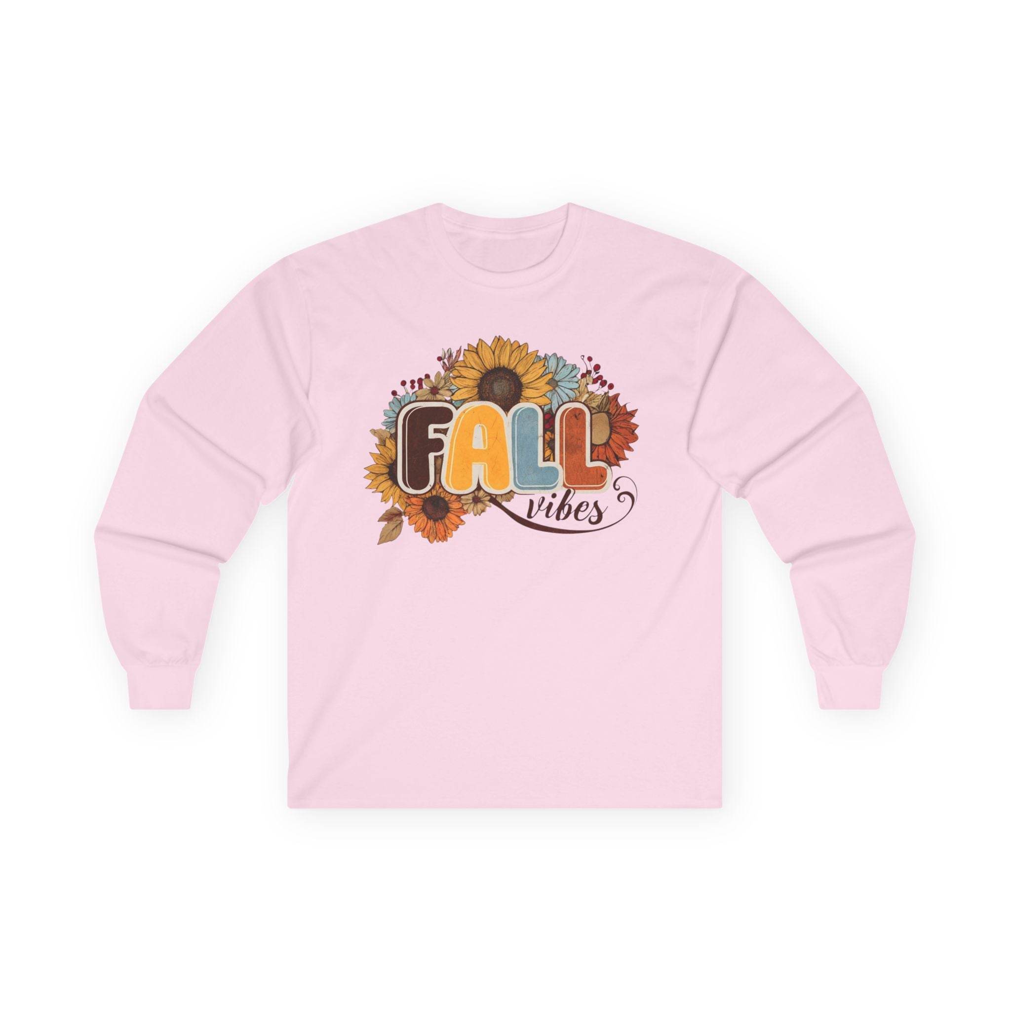 Printify long sleeve pink tee with sunflower and leaves Fall vibes graphic eco-friendly fall fashion tee for autumn styling