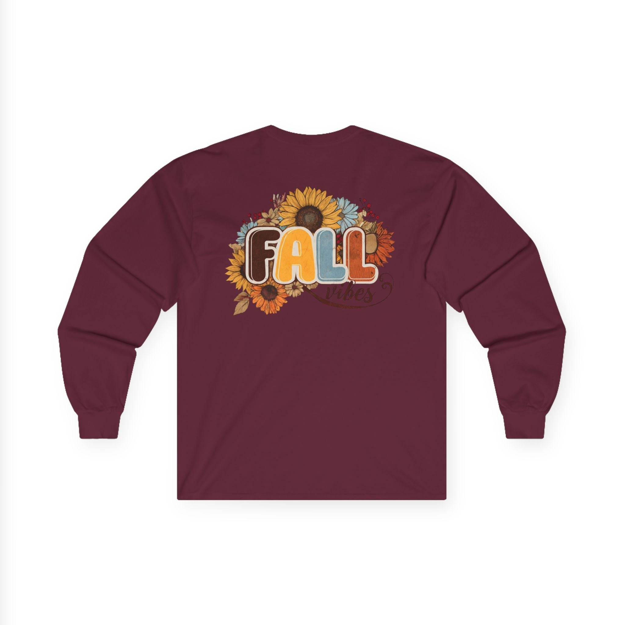 Printify maroon long sleeve shirt with sunflower bouquet and retro FALL lettering eco-friendly fall fashion tee