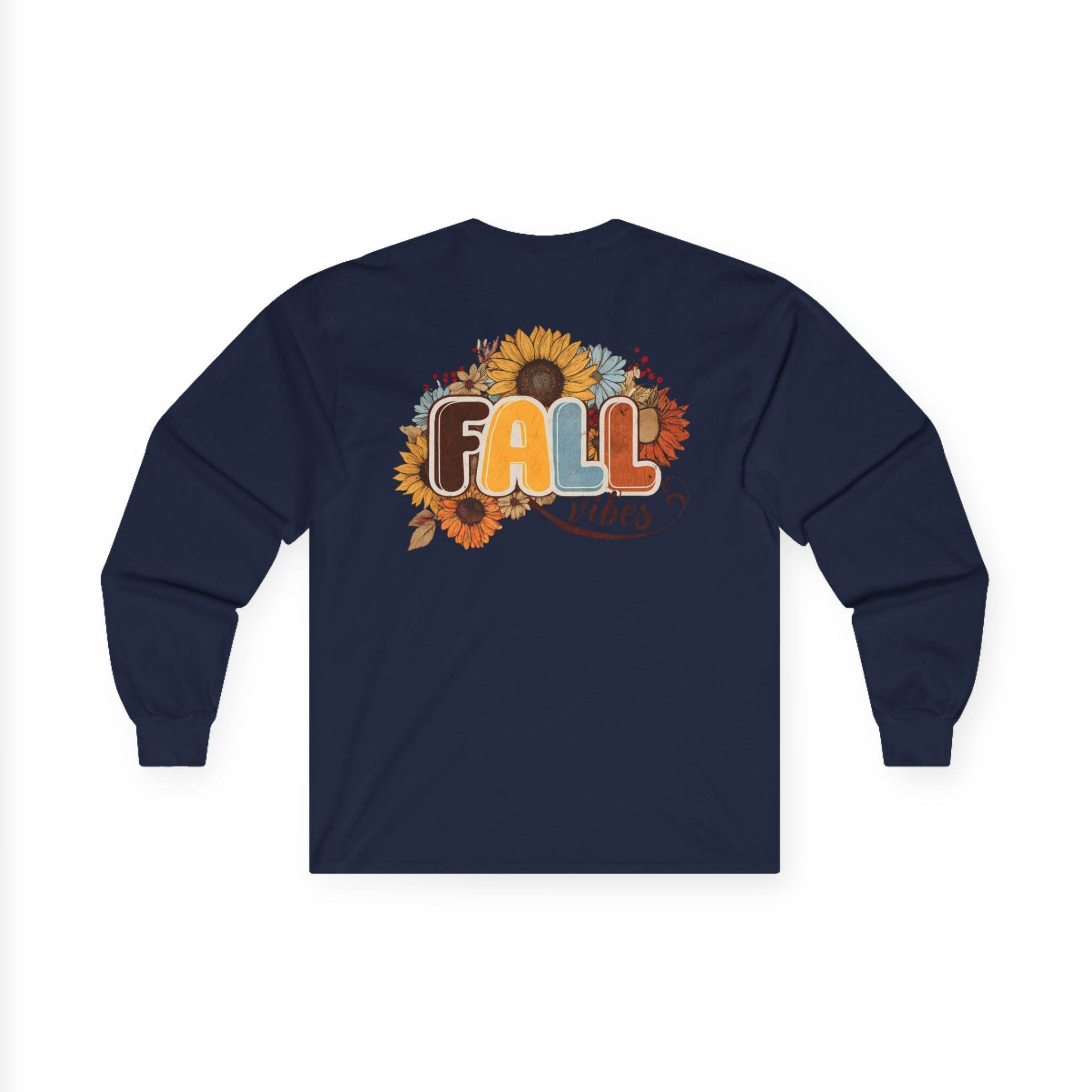 Printify navy long sleeve back print featuring sunflowers autumn leaves and retro FALL lettering eco-friendly fall fashion tee
