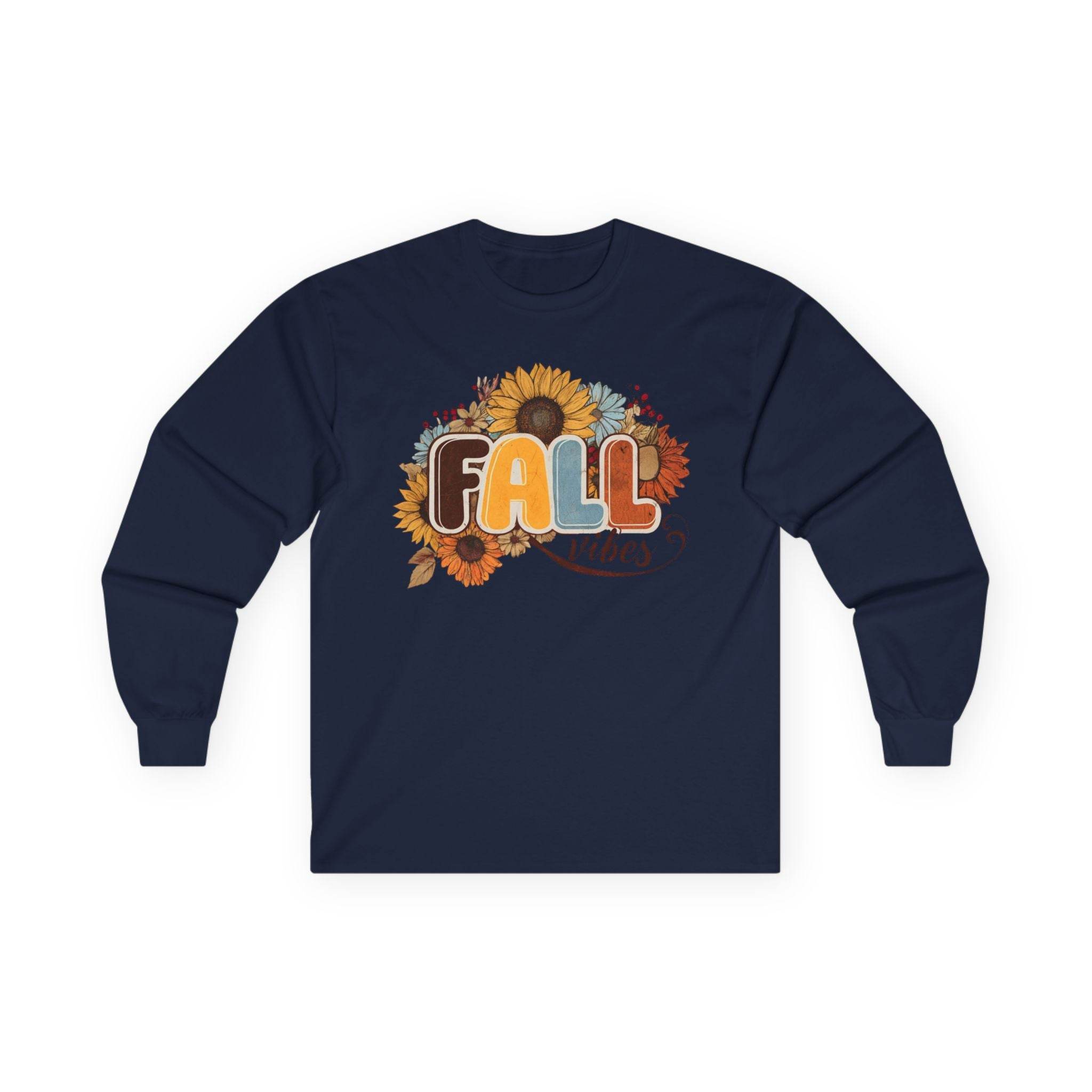 Printify eco-friendly fall fashion tee long sleeve navy shirt with retro FALL lettering and sunflowers