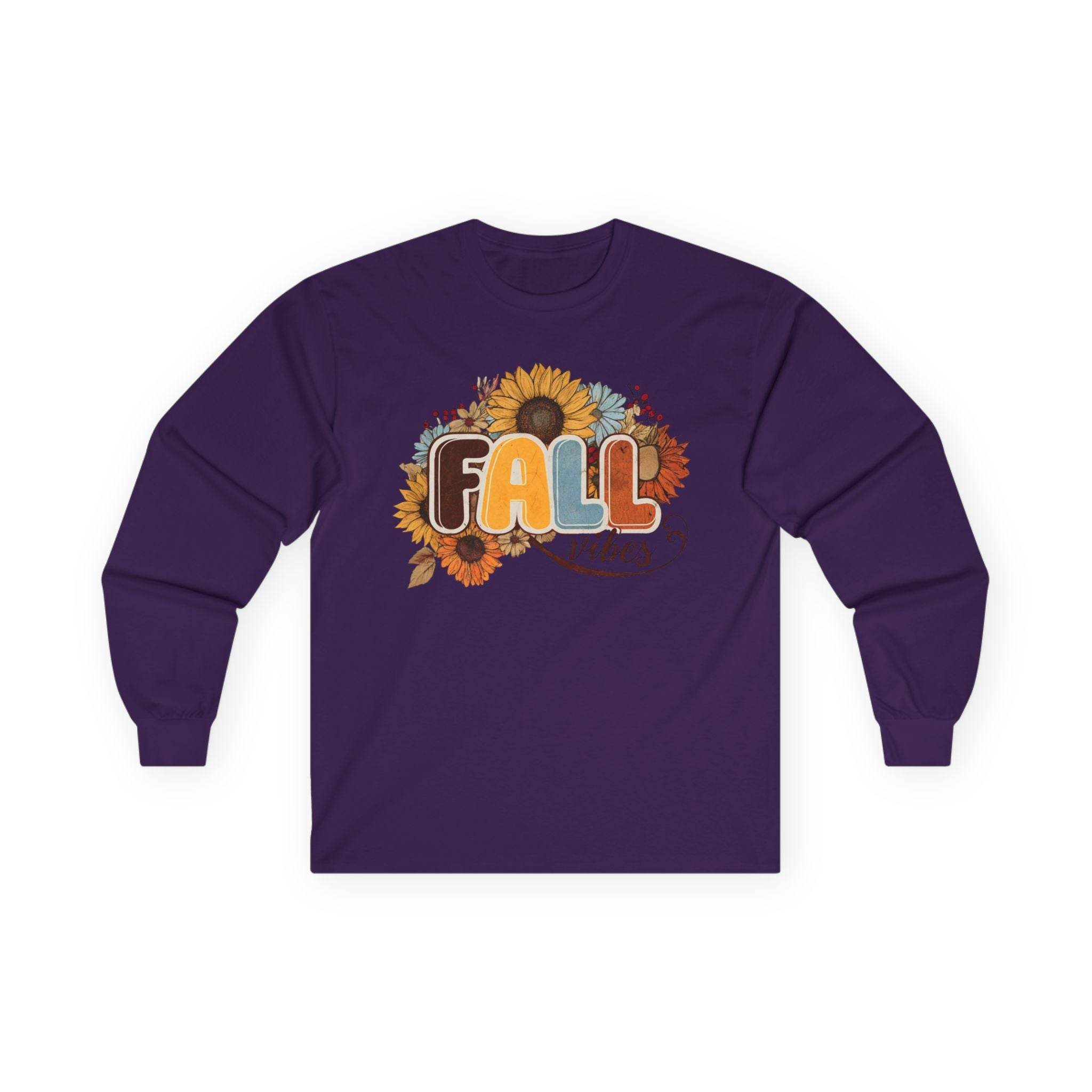 Printify long sleeve purple shirt with sunflower FALL graphic and autumn leaves eco-friendly fall fashion tee
