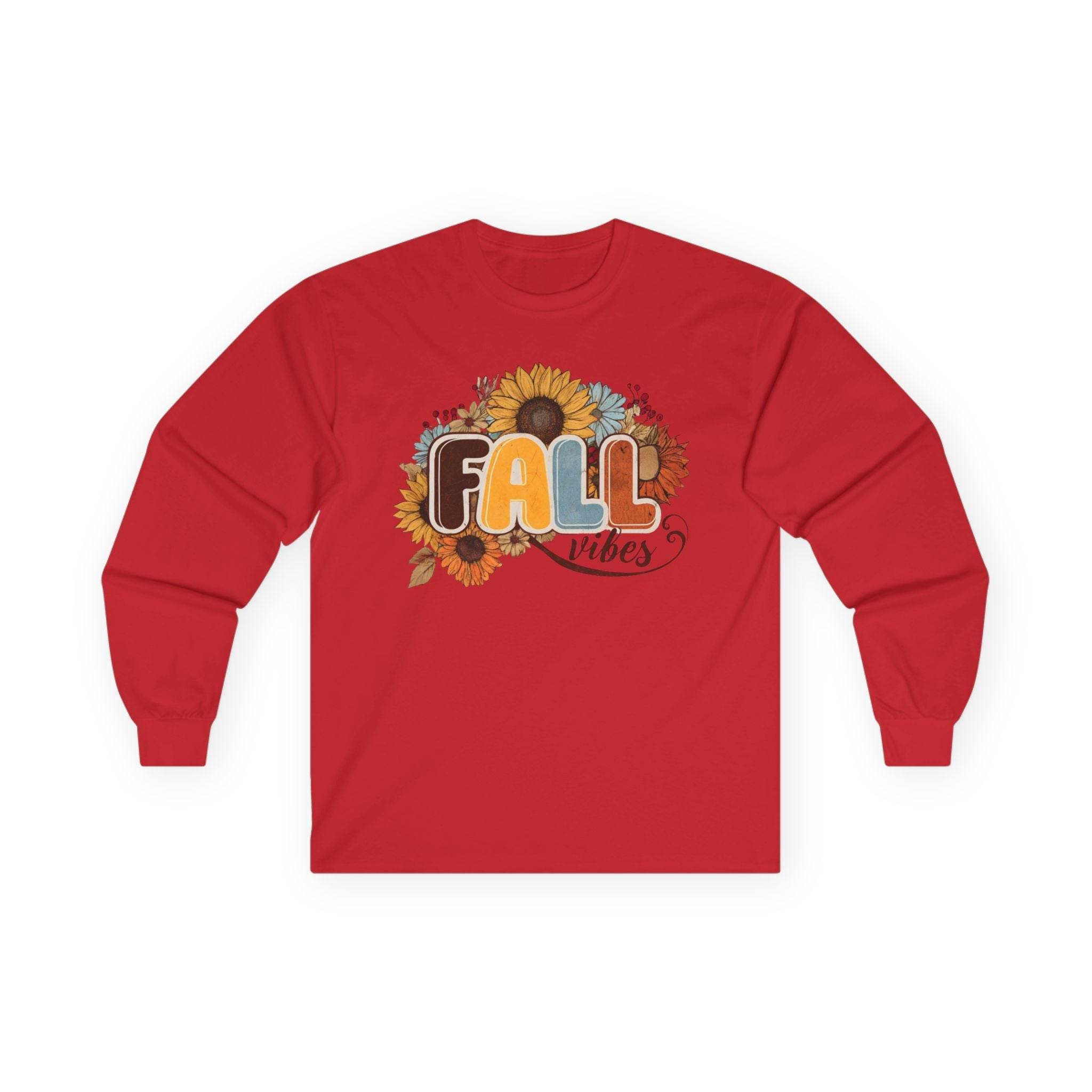 Printify red long sleeve tee with sunflower and floral fall vibes graphic eco-friendly fall fashion tee
