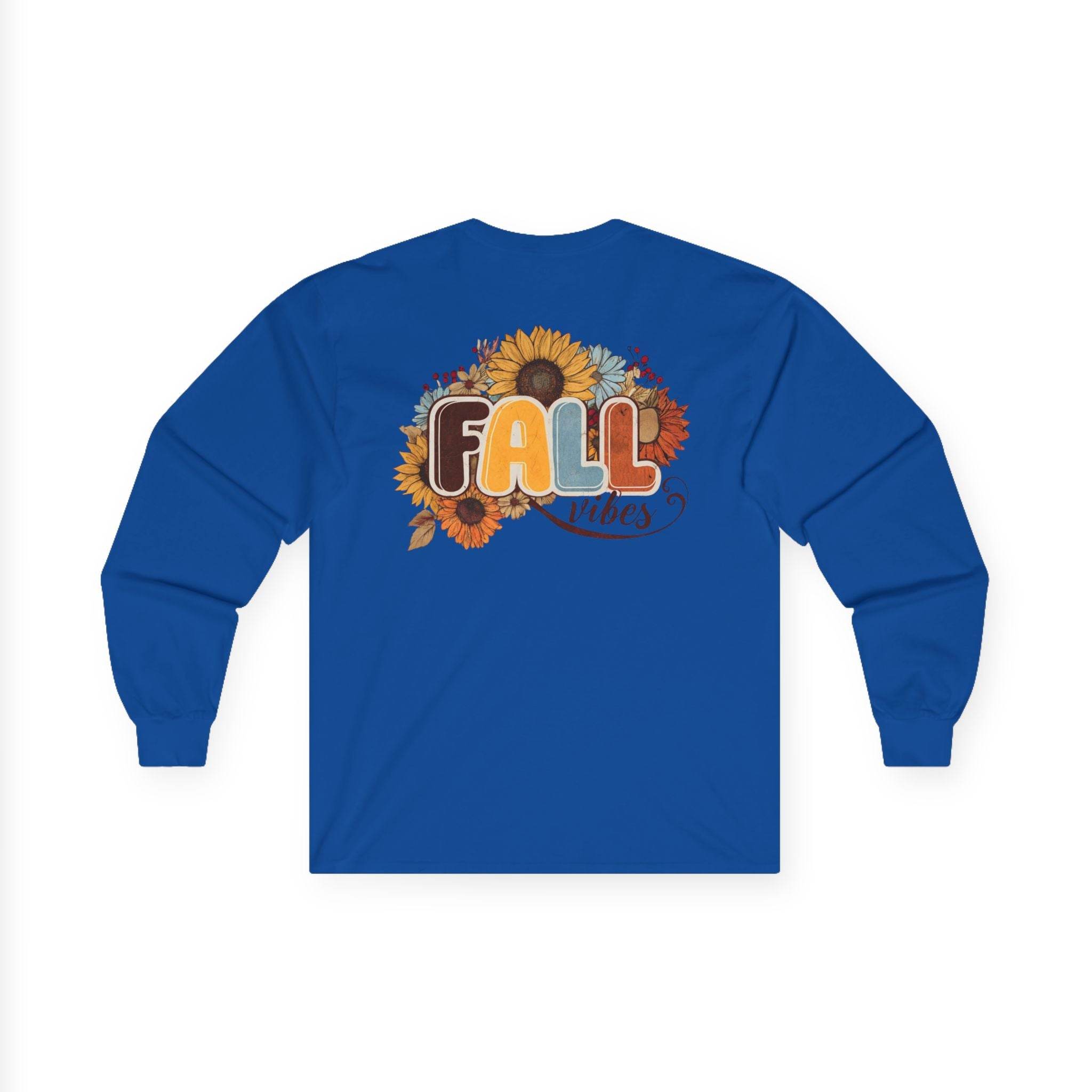 Printify blue long sleeve back view with sunflower and autumn leaves Fall vibes print eco-friendly fall fashion tee