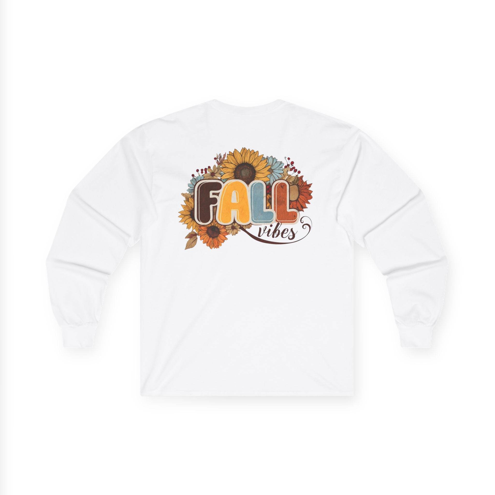 Printify white long sleeve shirt with retro FALL vibes sunflower and autumn floral design eco-friendly fall fashion tee