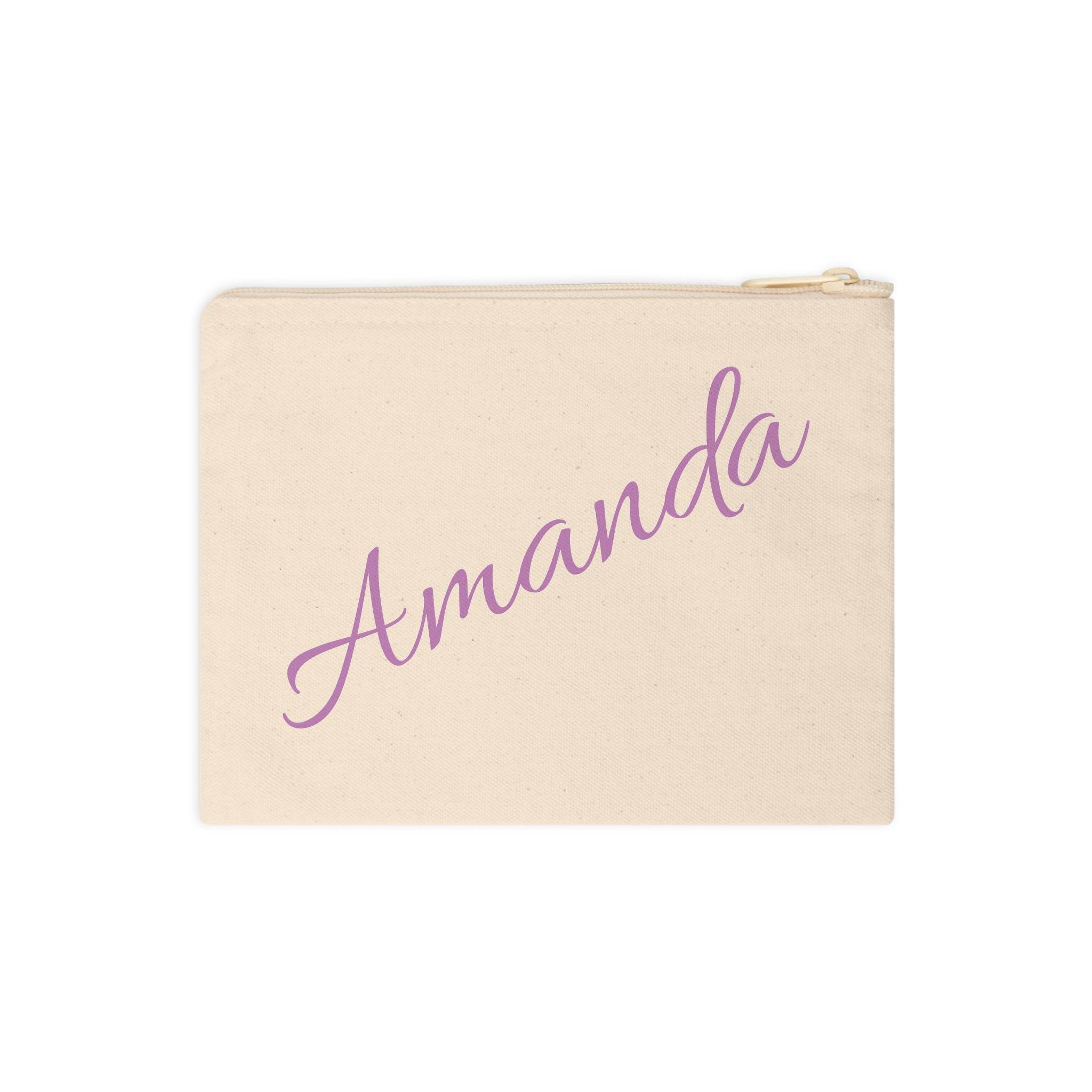 Printify personalized eco-friendly zipper pouch natural canvas, gold zipper, diagonal pink script Amanda name
