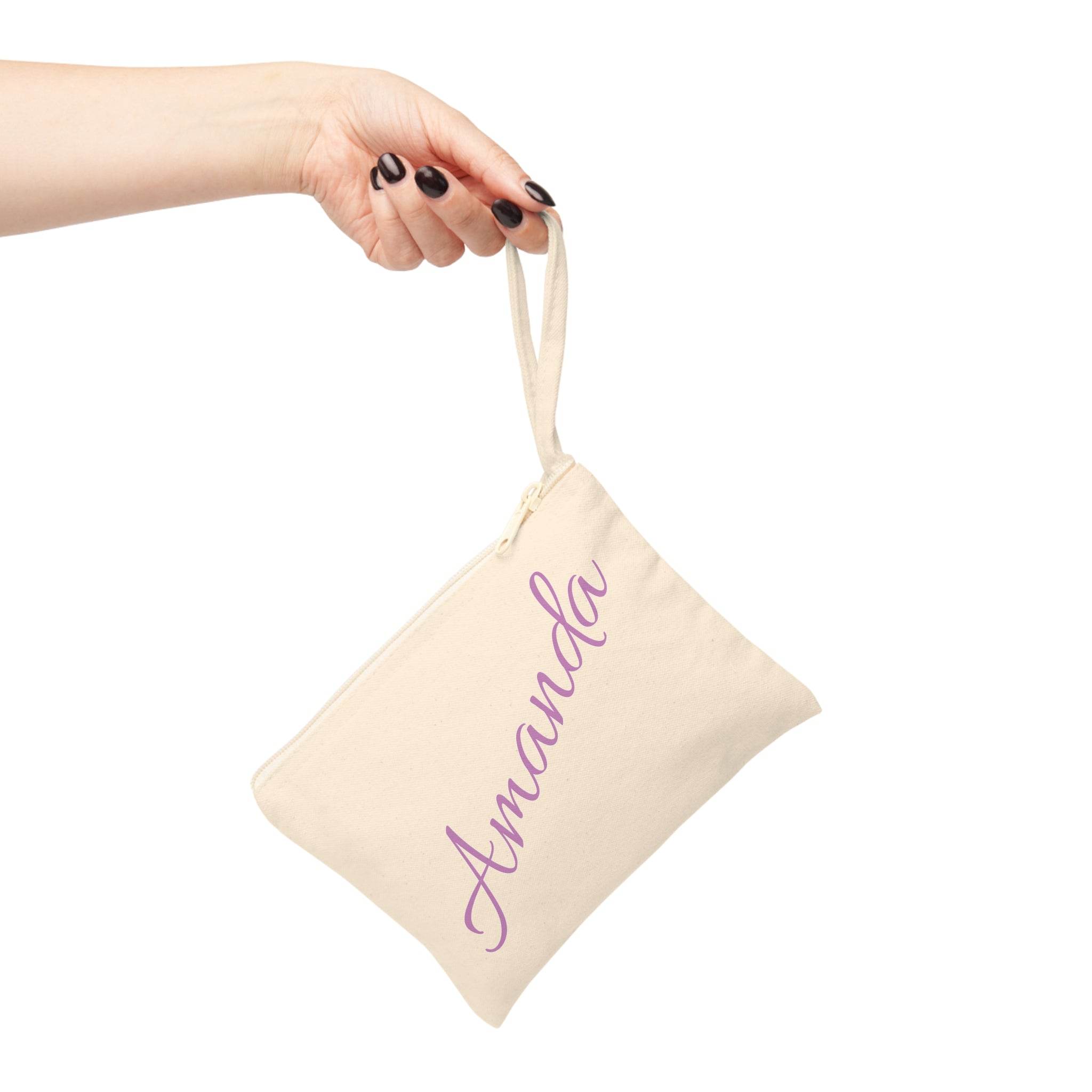 Printify personalized eco-friendly zipper pouch natural canvas wristlet with purple Amanda script name