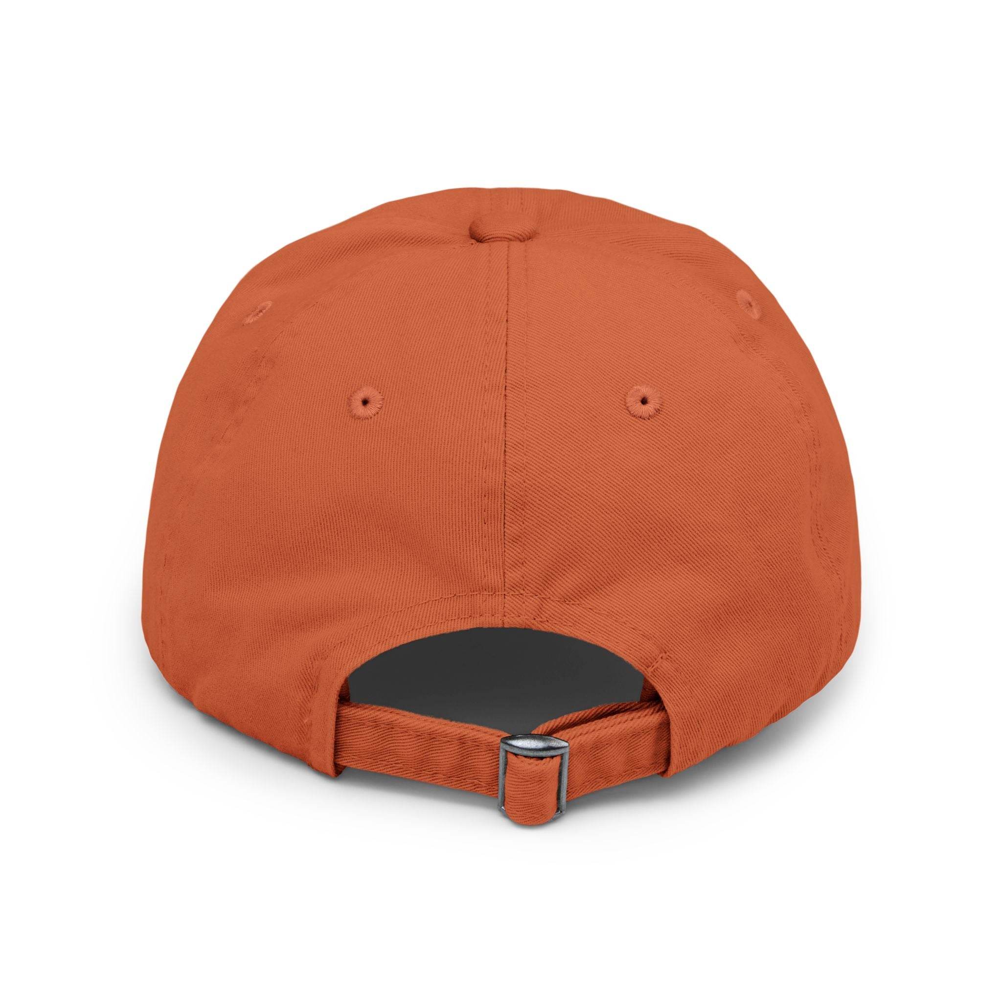 Printify orange adjustable baseball cap back view with metal buckle strap eco-friendly pet lover hat
