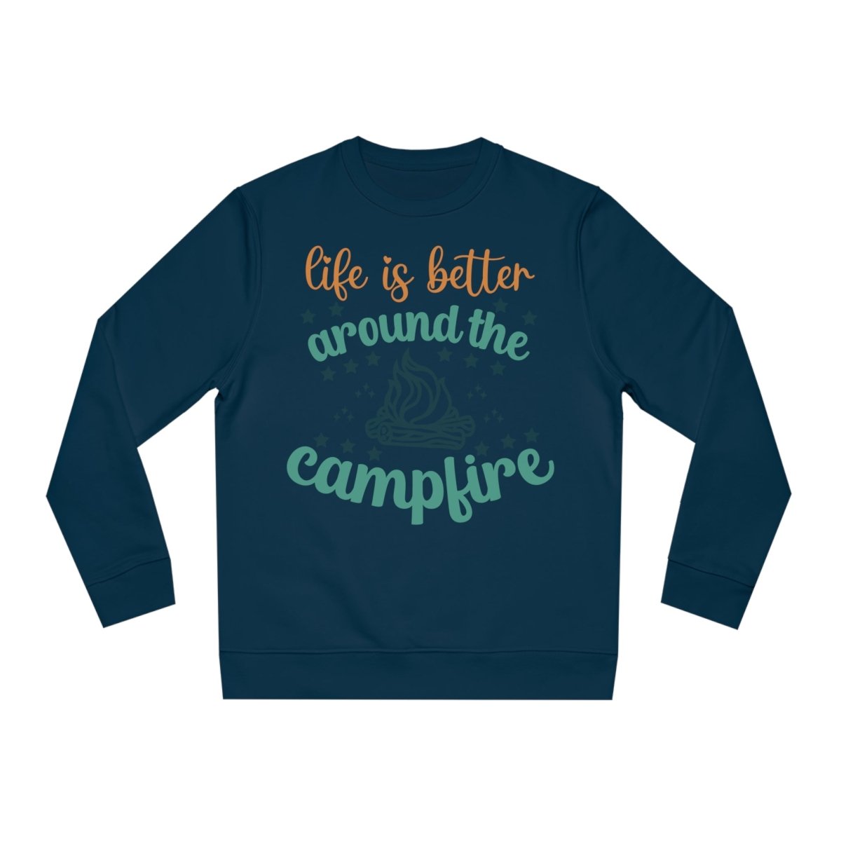Eco-friendly campfire sweatshirt in navy blue with life is better around the campfire design