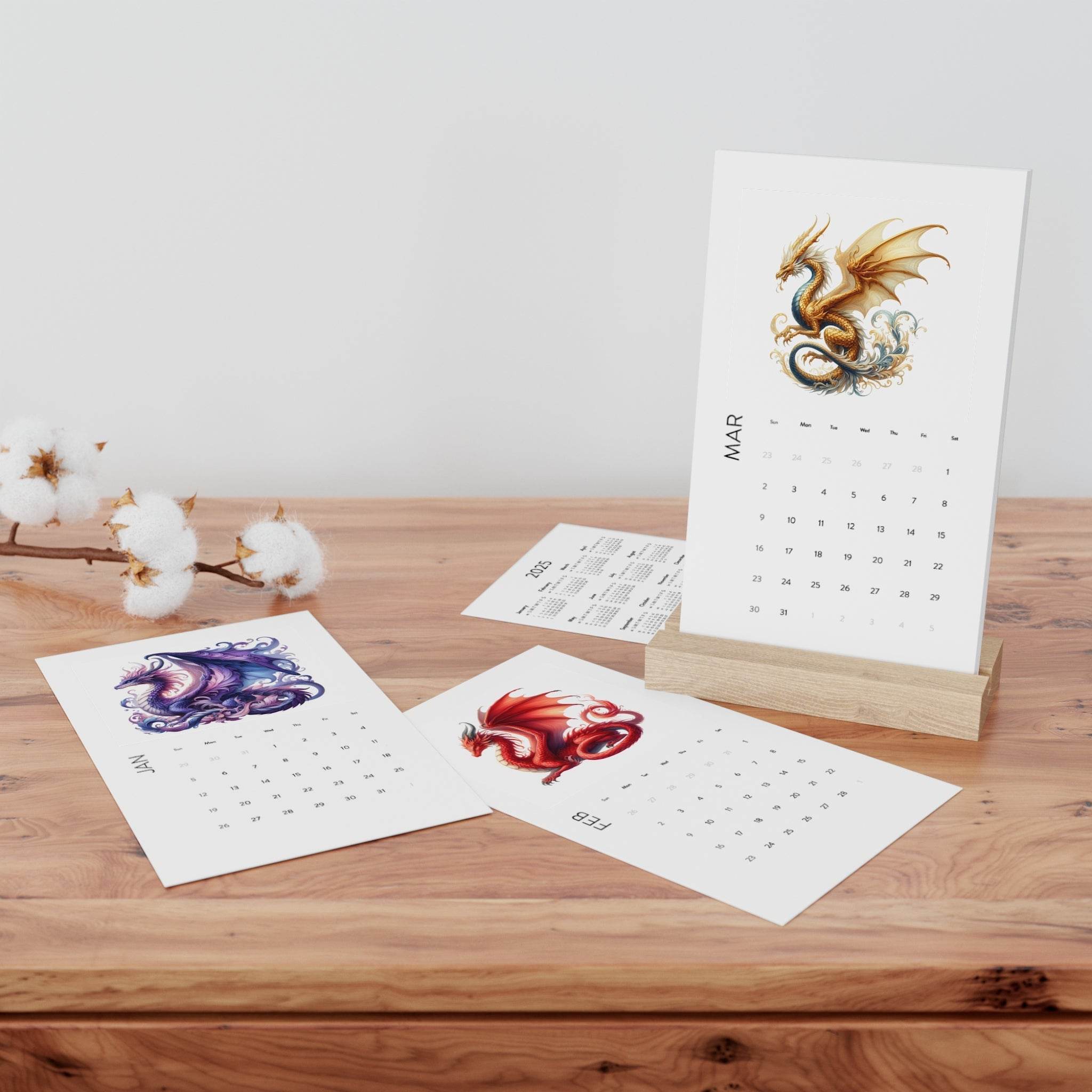 Eco-friendly 2025 desk calendar with dragon illustrations on wooden table by Printify