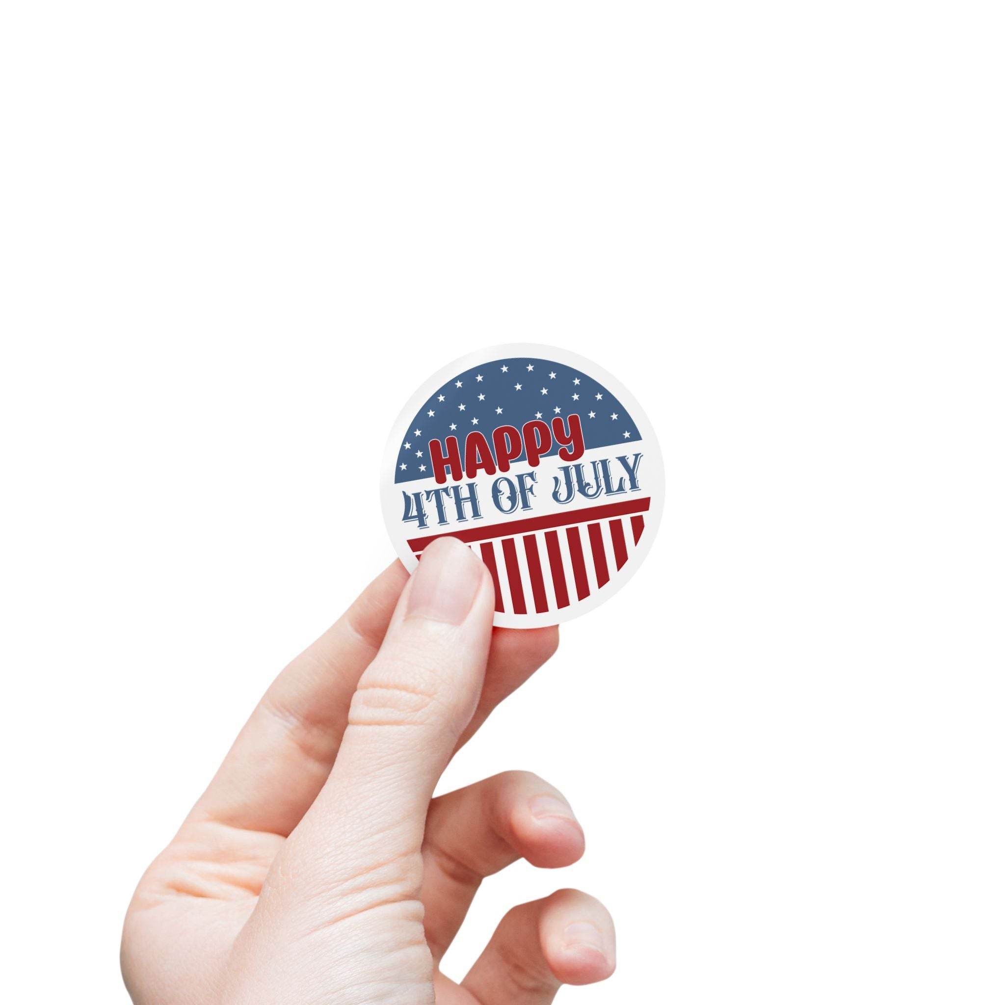 Hand holding eco-friendly 4th of July stickers with American flag design from Printify