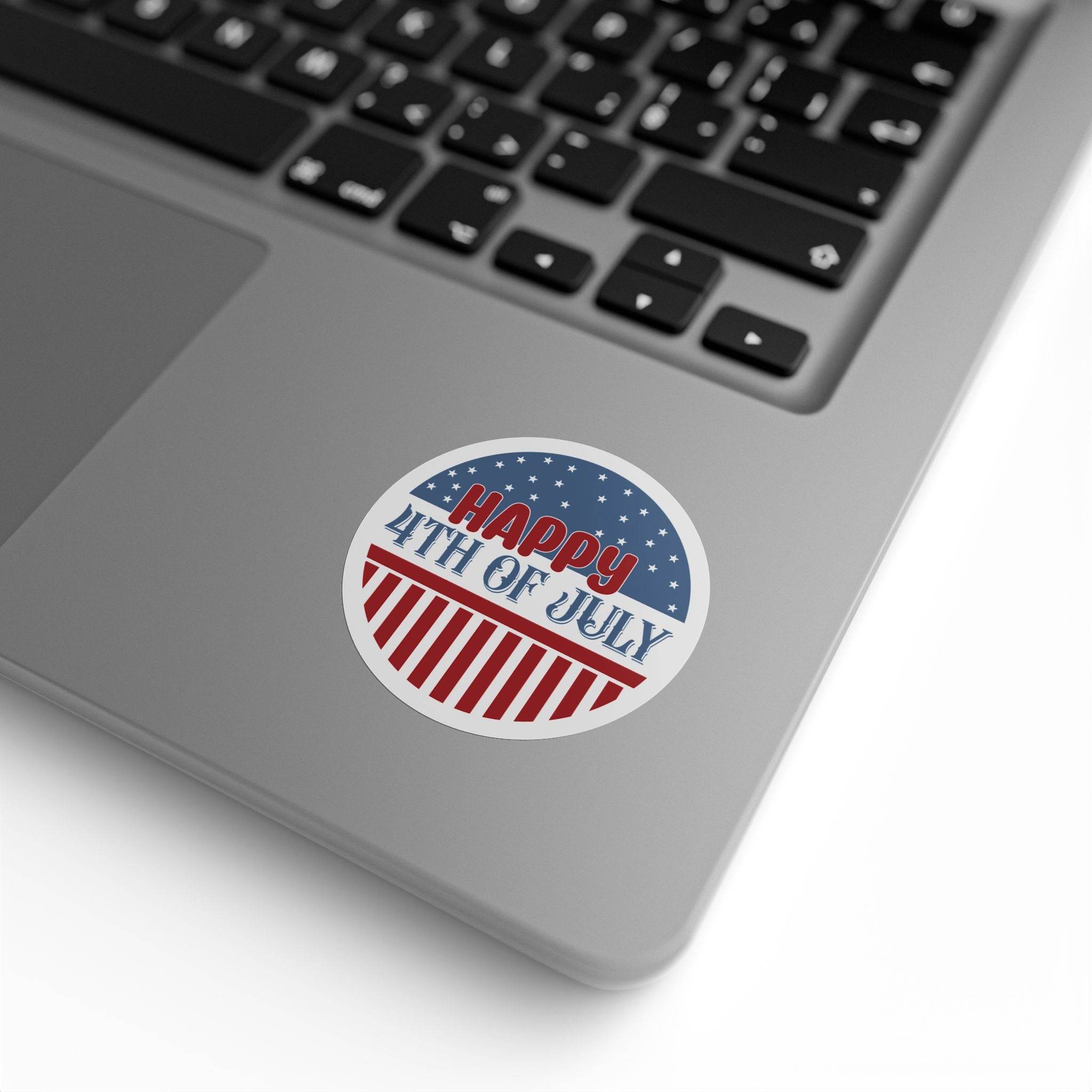 Printify eco-friendly 4th of July stickers with patriotic red white and blue design on laptop