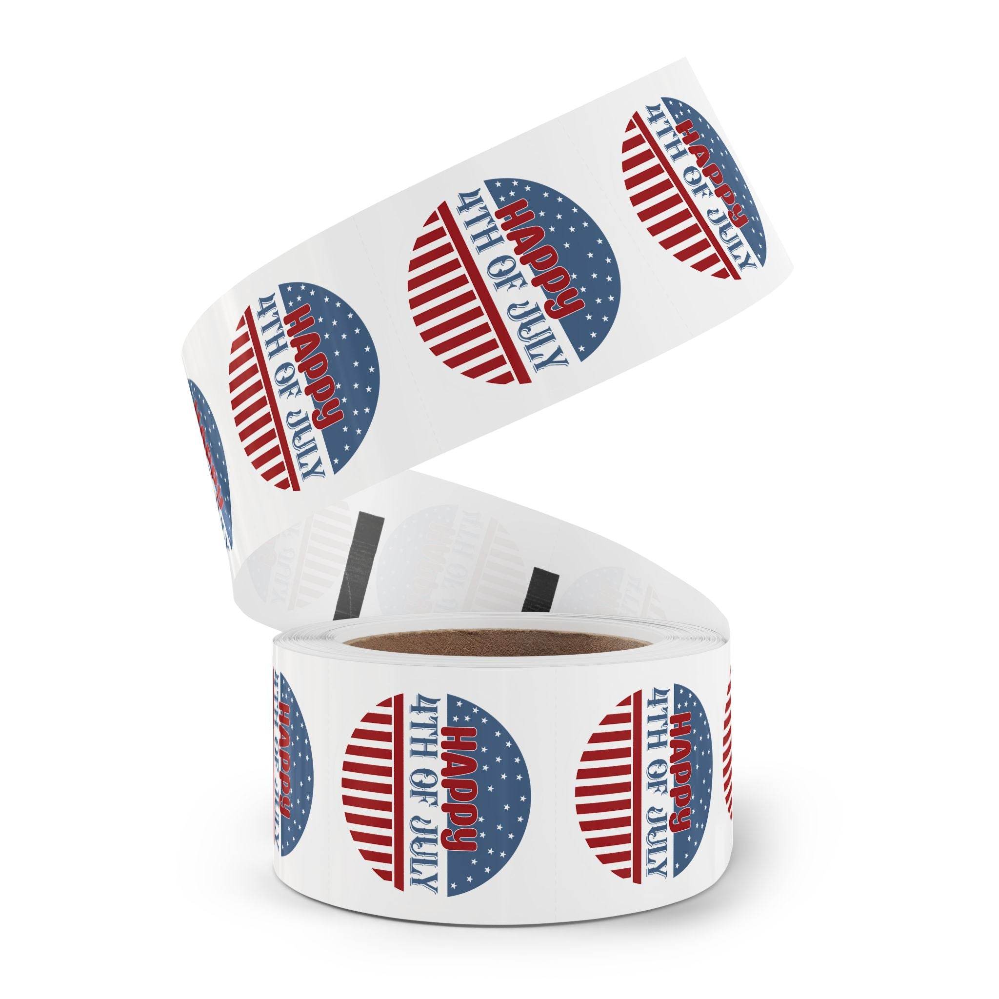 Roll of Printify eco-friendly 4th of July stickers with American flag design and Happy 4th of July text