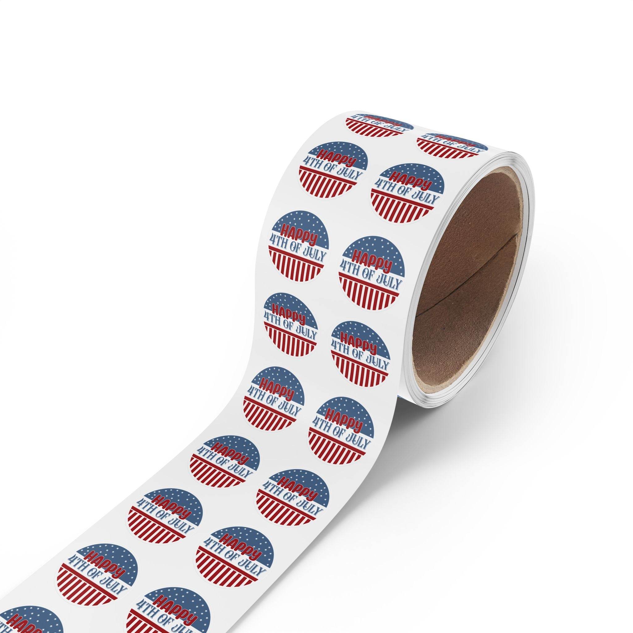 Roll of eco-friendly 4th of July stickers by Printify featuring red white and blue patriotic design