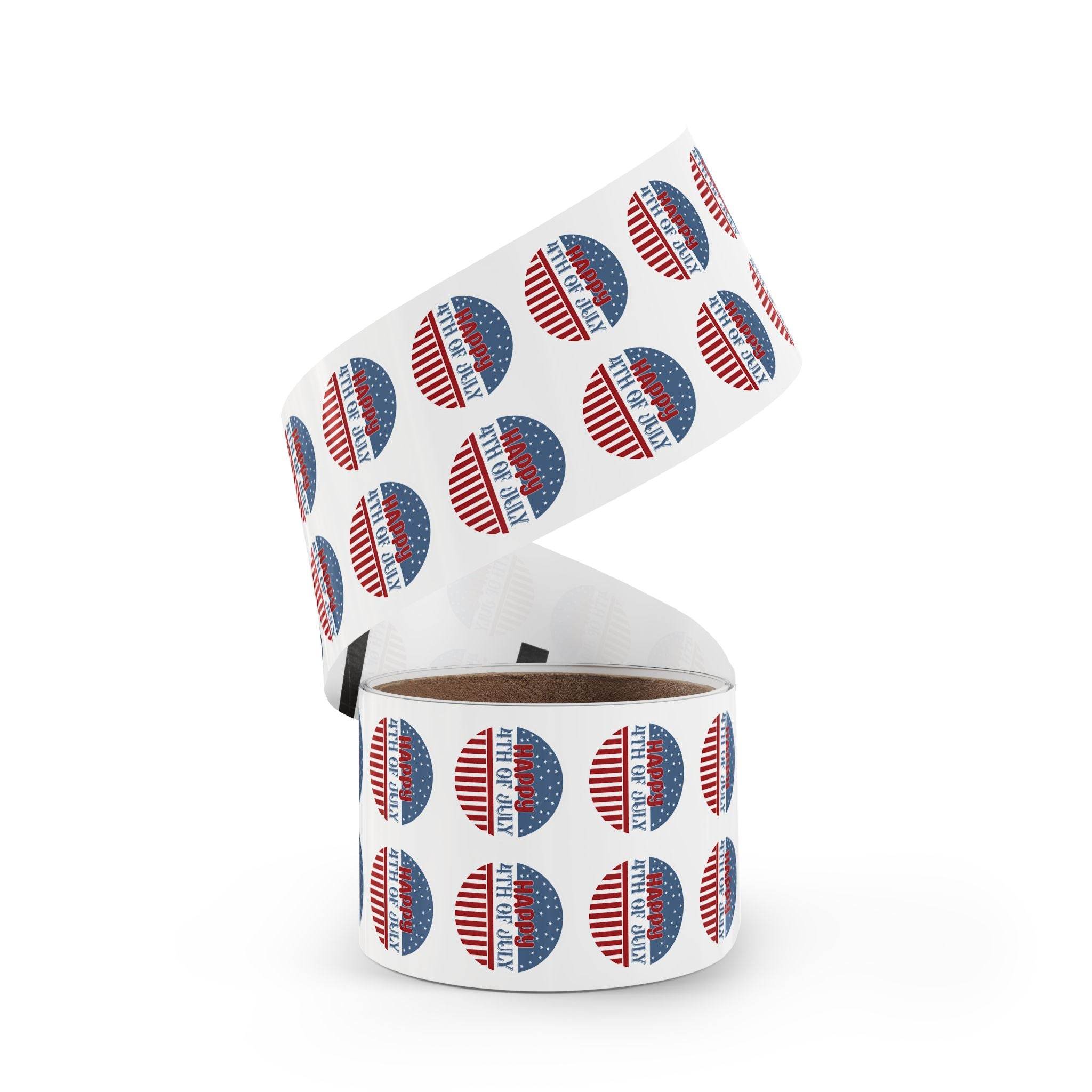 Roll of eco-friendly 4th of July stickers by Printify featuring patriotic red white and blue design