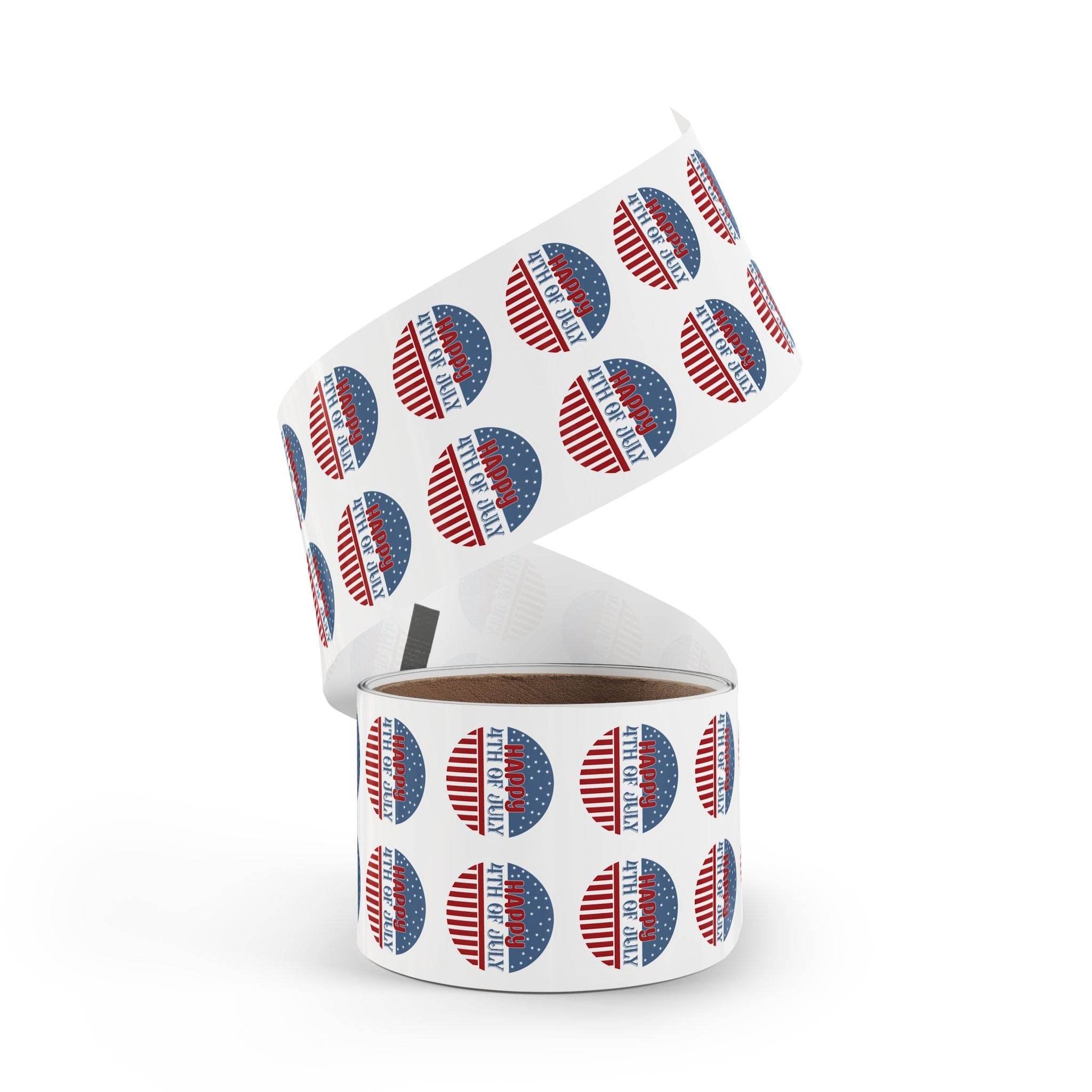 Roll of eco-friendly 4th of July stickers with patriotic red white and blue design by Printify