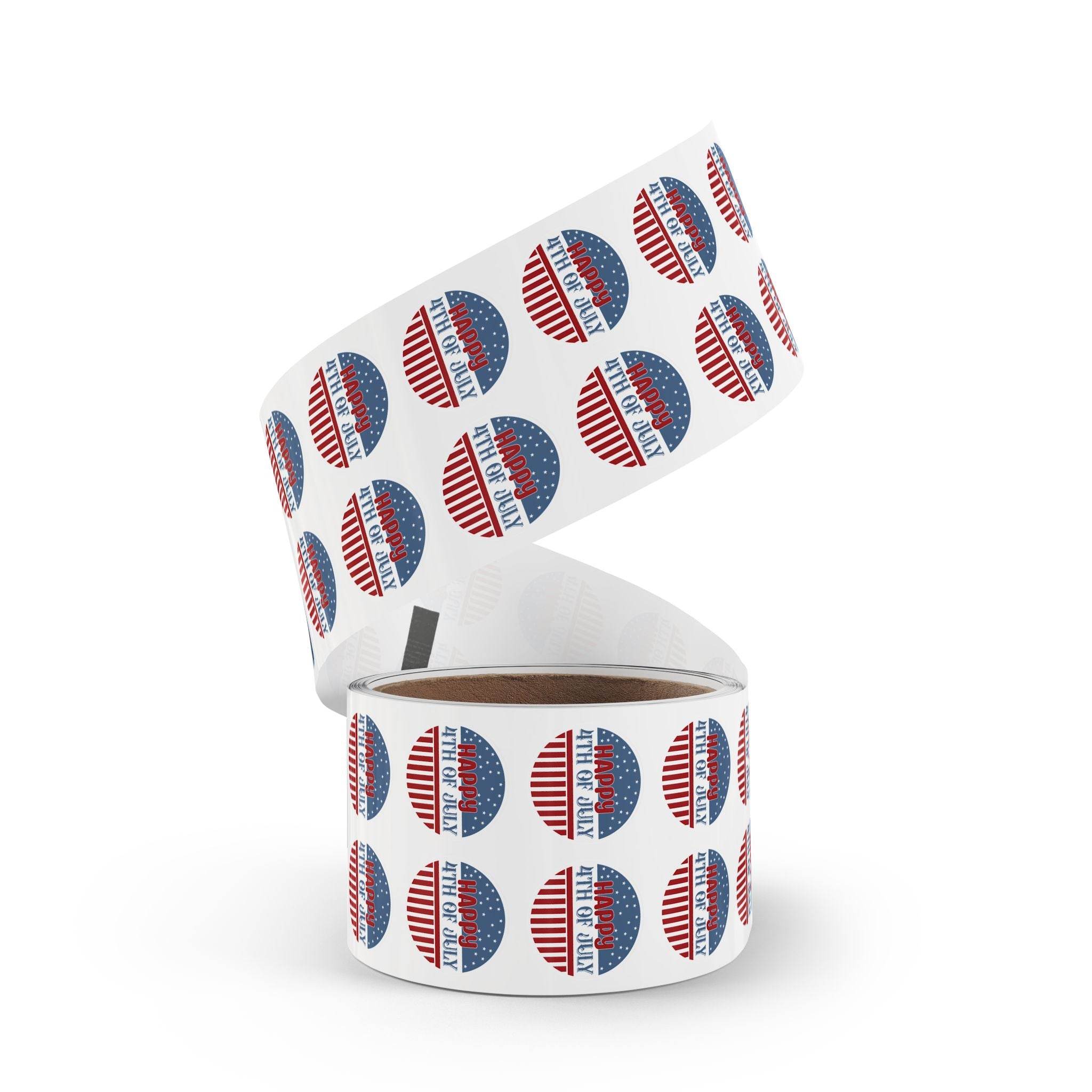 Roll of eco-friendly 4th of July stickers featuring patriotic red white and blue design by Printify