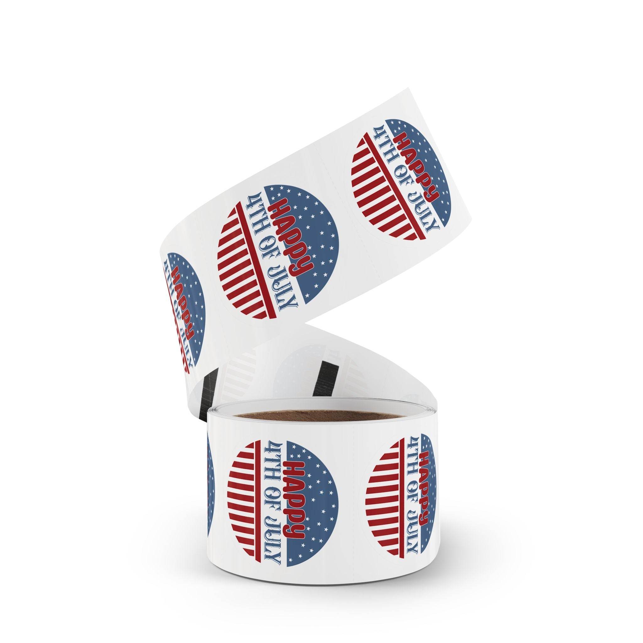 Roll of eco-friendly 4th of July stickers with red white and blue patriotic design by Printify