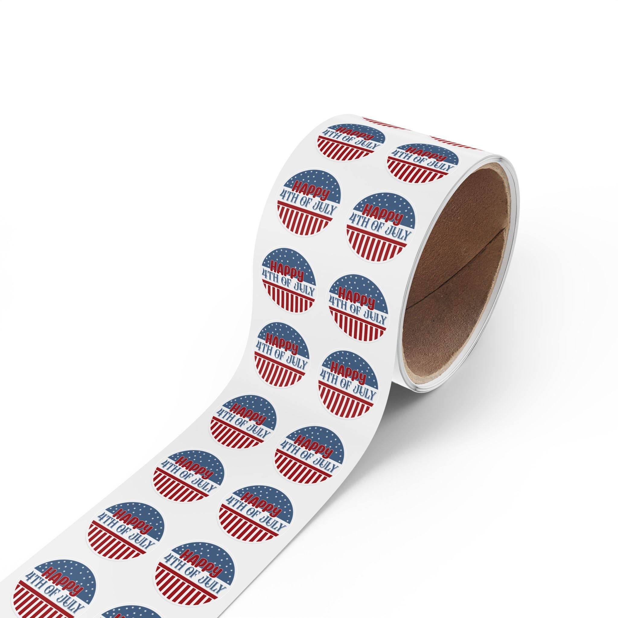Roll of eco-friendly 4th of July stickers with red white and blue patriotic design