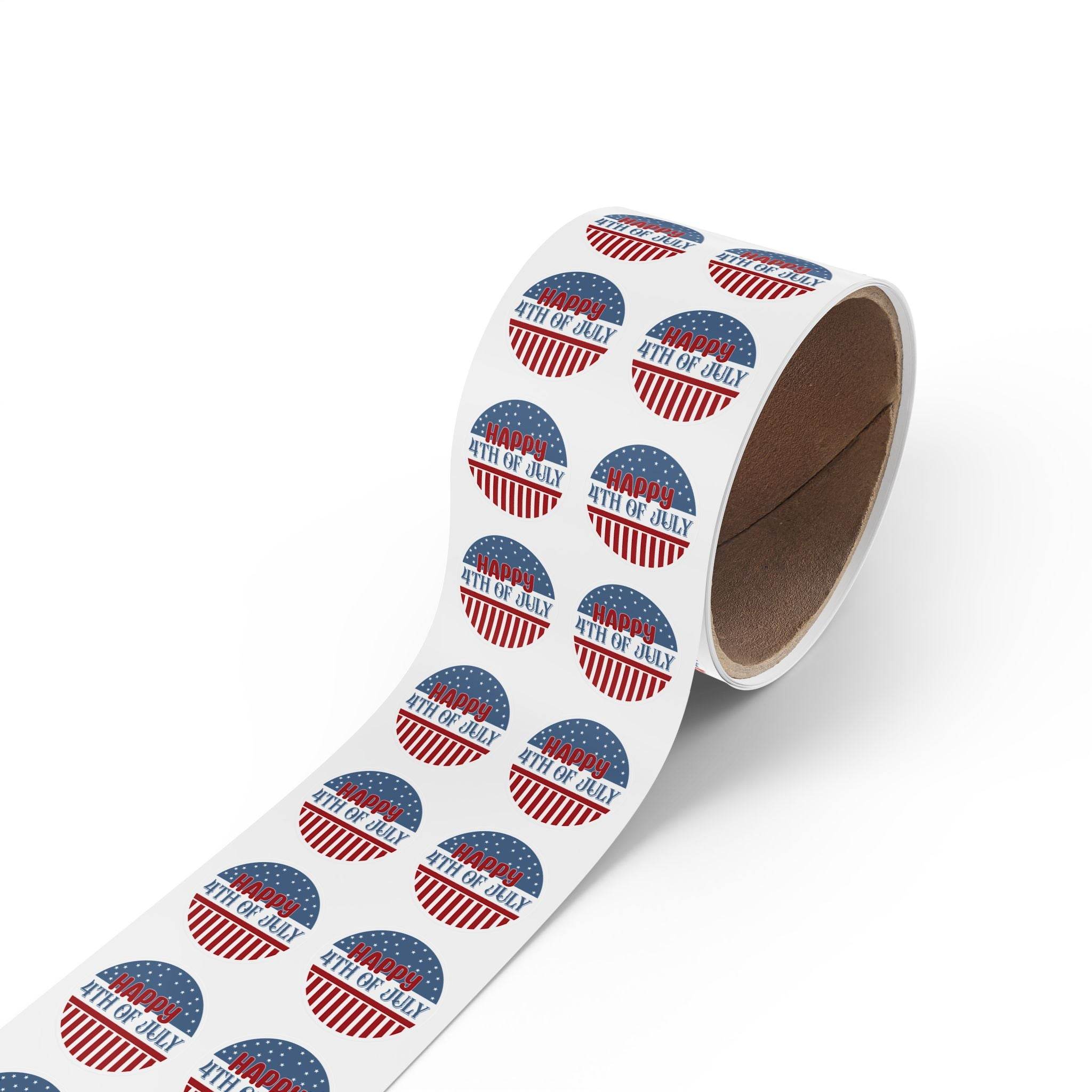 Roll of eco-friendly 4th of July stickers with American flag design by Printify