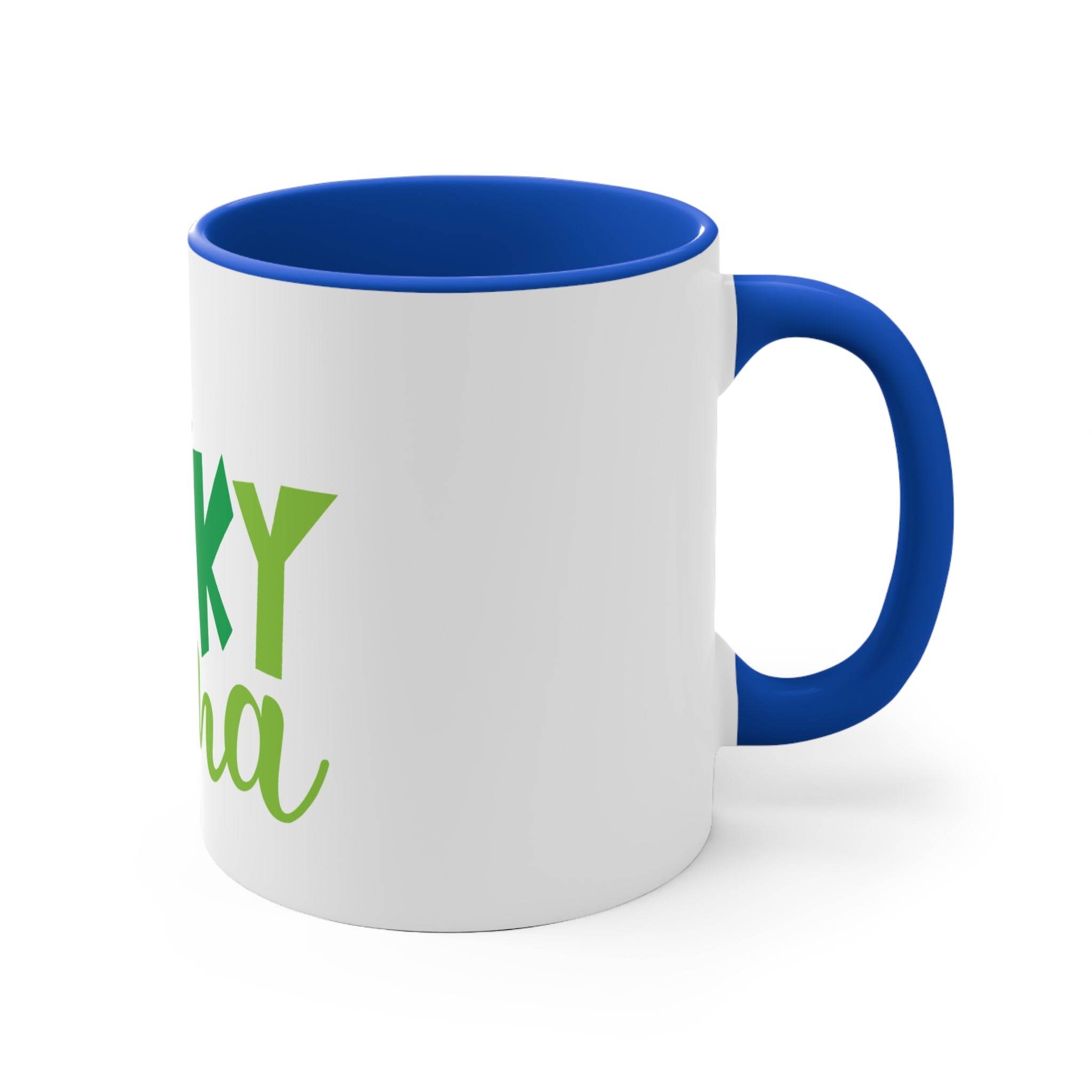 Printify eco-friendly accent mug with white exterior and blue handle and interior